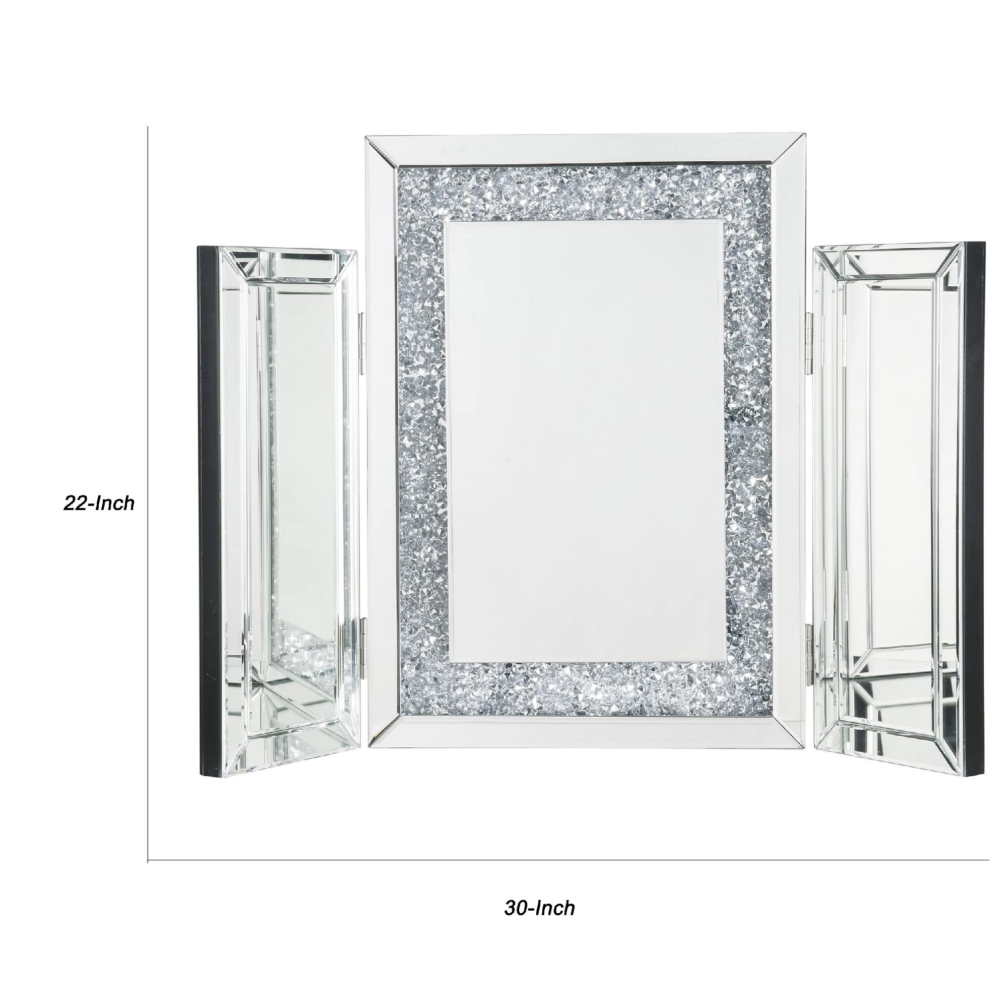 Benjara Silver Tri-Fold Mirror Panel with Faux Diamond Accents - Elegant Home Decor for Bedroom, Living Room & Vanity Makeup Area