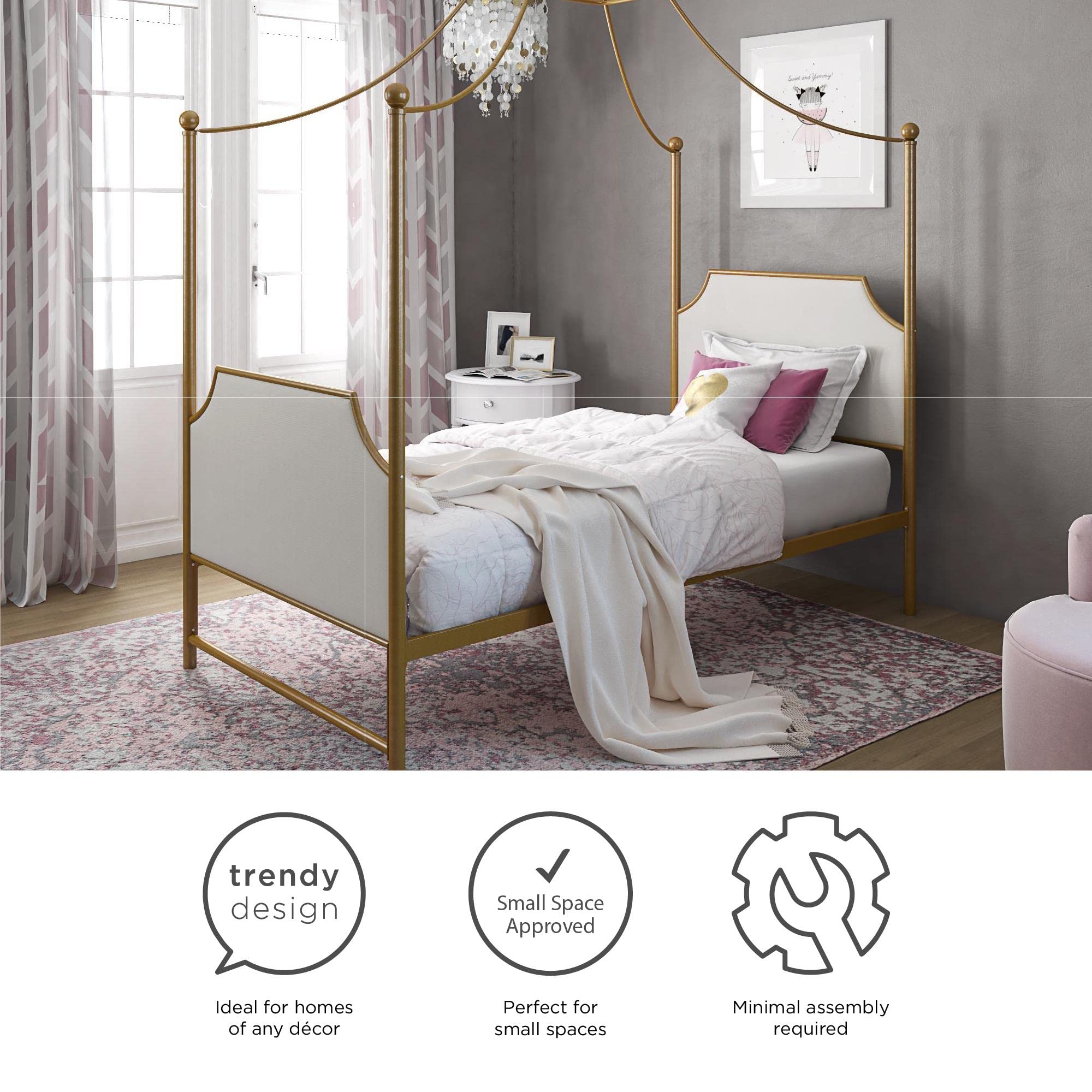 Little Seeds Monarch Hill Clementine Canopy Bed - Twin Size Gold Metal Frame for Girls Room, Princess Bedroom Decor, Kids Sleep & Play Area