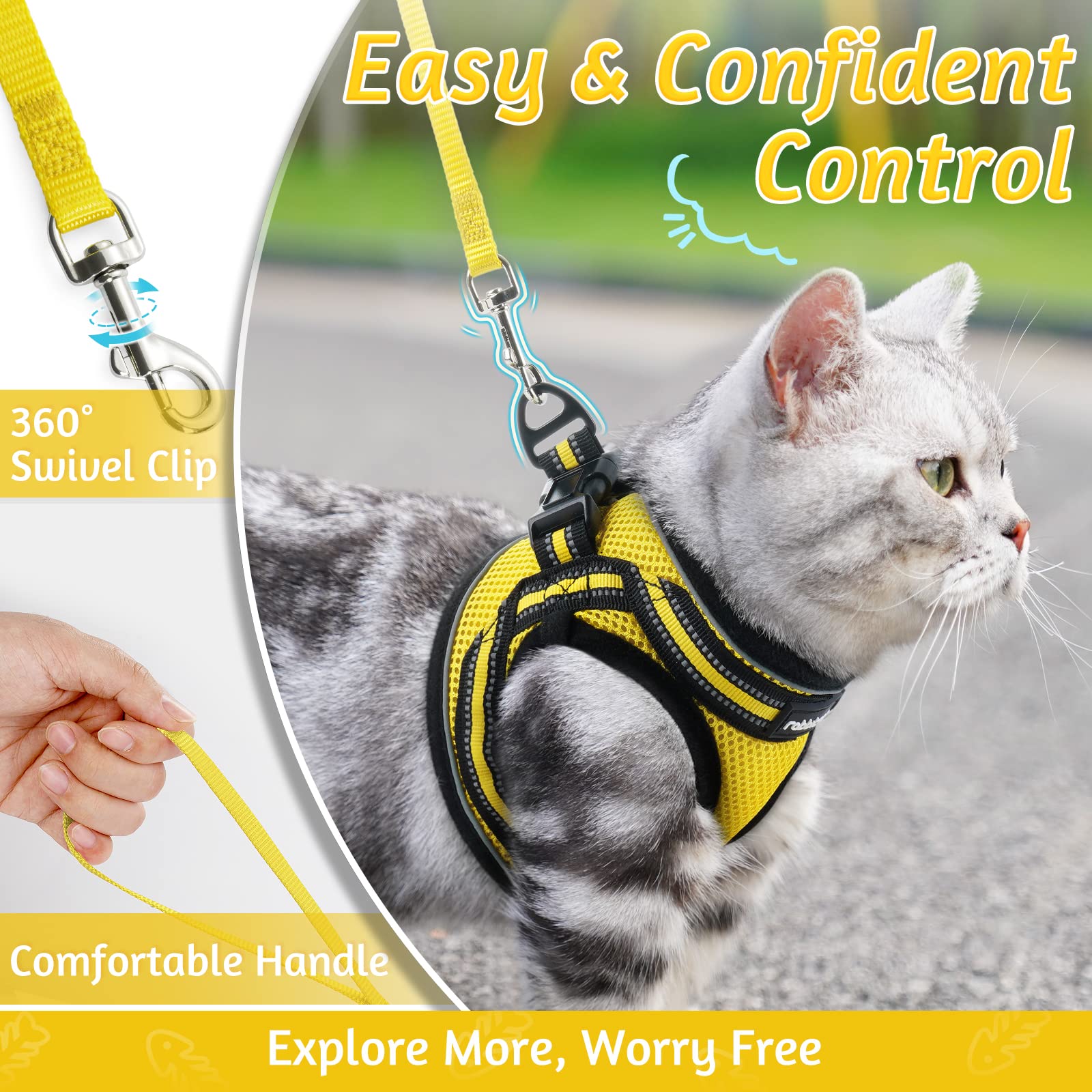 Rabbitgoo Escape Proof Cat Harness and Leash Set - Adjustable Soft Reflective Kitten Vest for Safe Outdoor Walking - Comfortable Pet Safety Harness for Small Cats (Bright Yellow) - Perfect for Park Adventures, Vet Visits, and Travel