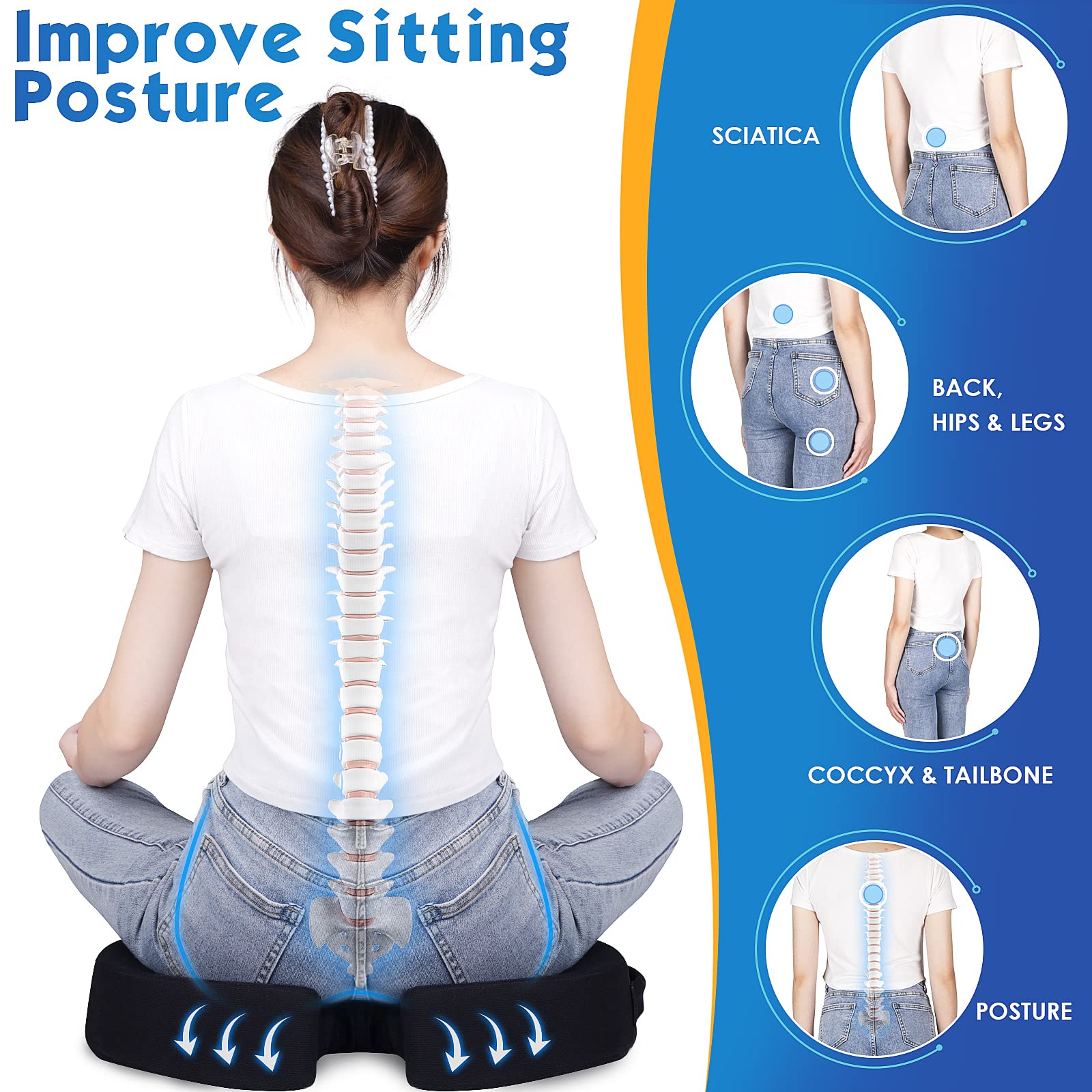 Premium Memory Foam Seat Cushion for Office Chair - Non-Slip Orthopedic Support for Coccyx, Sciatica & Tailbone Pain Relief - Ideal for Desk Work, Car, Wheelchair (Black) - Perfect for Long Sitting & Back Comfort