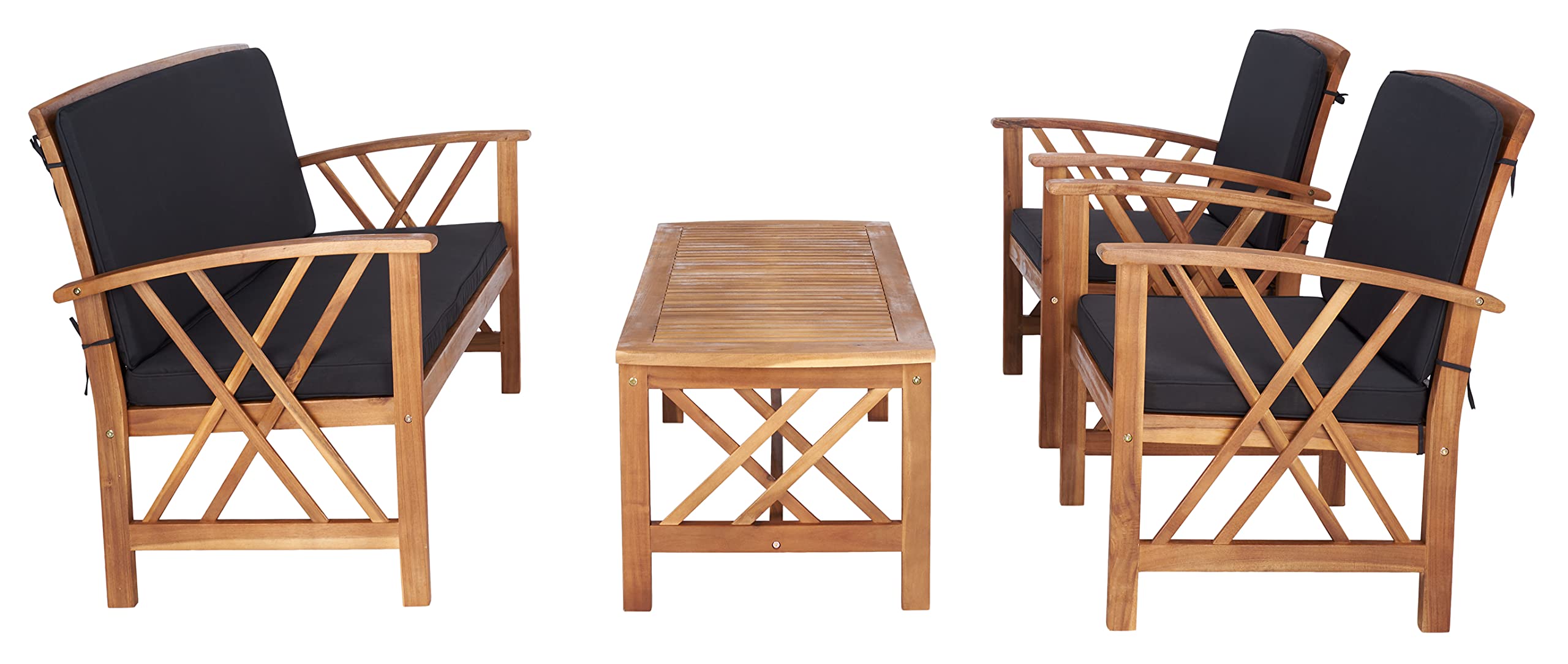 SAFAVIEH Outdoor Collection Fontana Natural/Black 4-Piece Patio Conversation Set - Water-Resistant Cushions for Backyard, Garden & Poolside Relaxation
