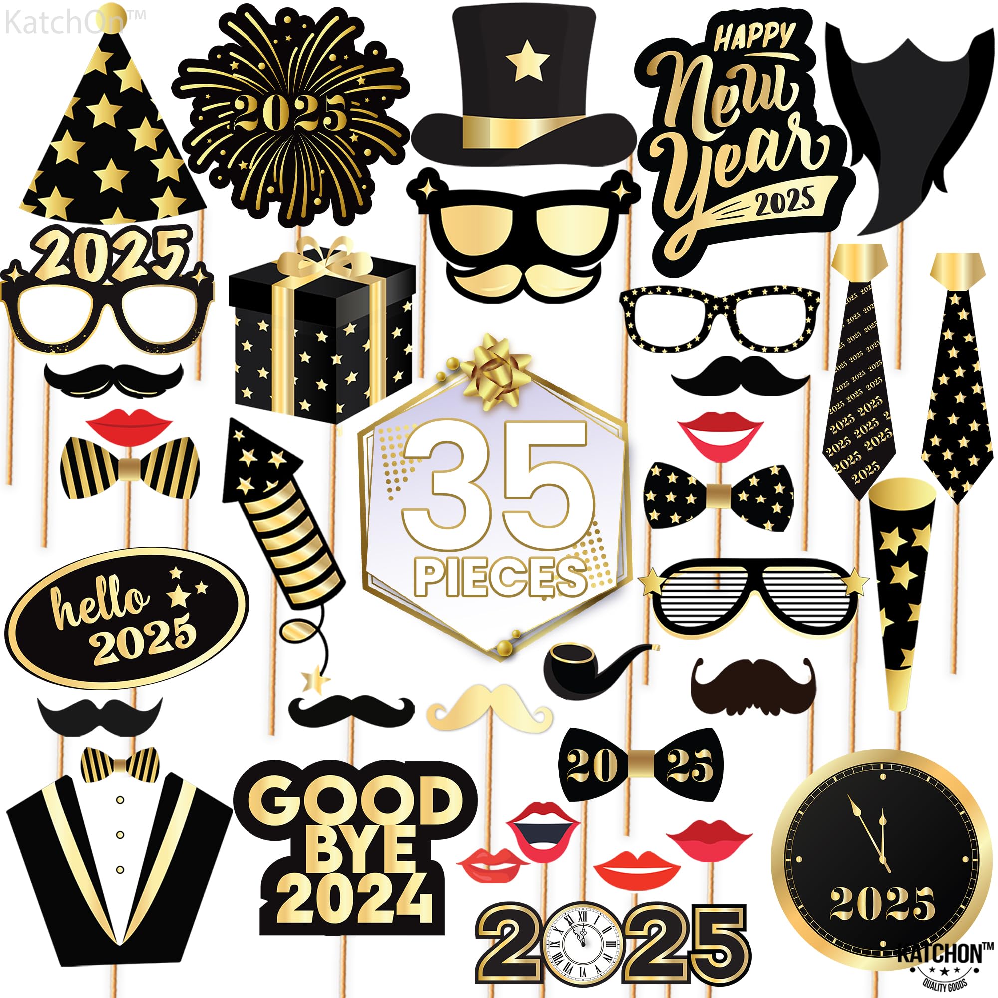 KatchOn 2025 New Year's Eve Photo Booth Props Kit - 35-Piece Set for NYE Party Decorations & Supplies | Fun New Year's Photo Accessories for 2025 Celebrations | Perfect for Countdown Parties, Family Gatherings & Social Media Photos