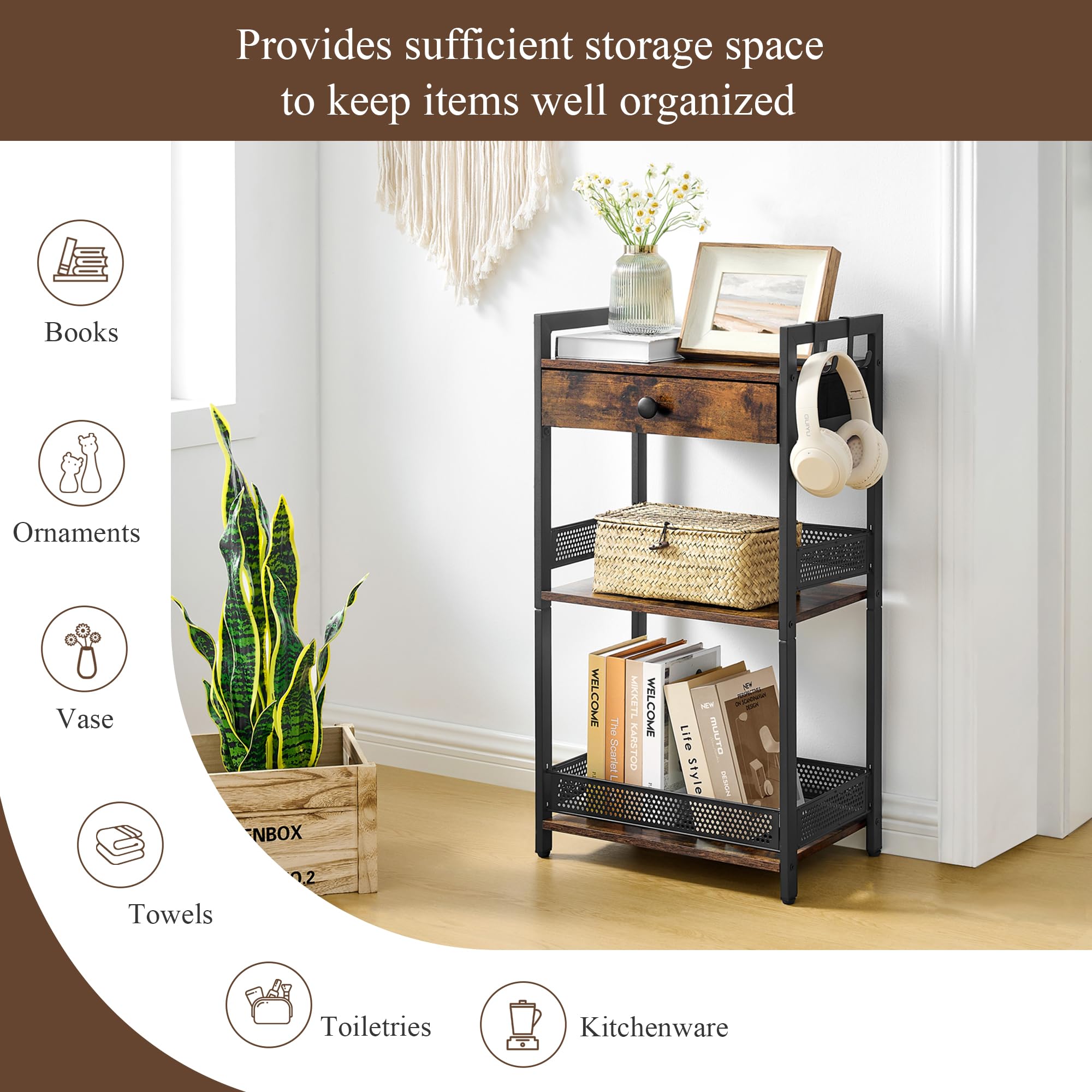 FAVOOSTY 3-Tier Bathroom Ladder Shelf with Drawer - Freestanding Towel Rack, Storage Organizer for Bath Essentials, Books & Decor - Rustic Brown Wooden Shelf for Bathroom, Living Room & Balcony | Perfect for Small Space Organization & Home Decor