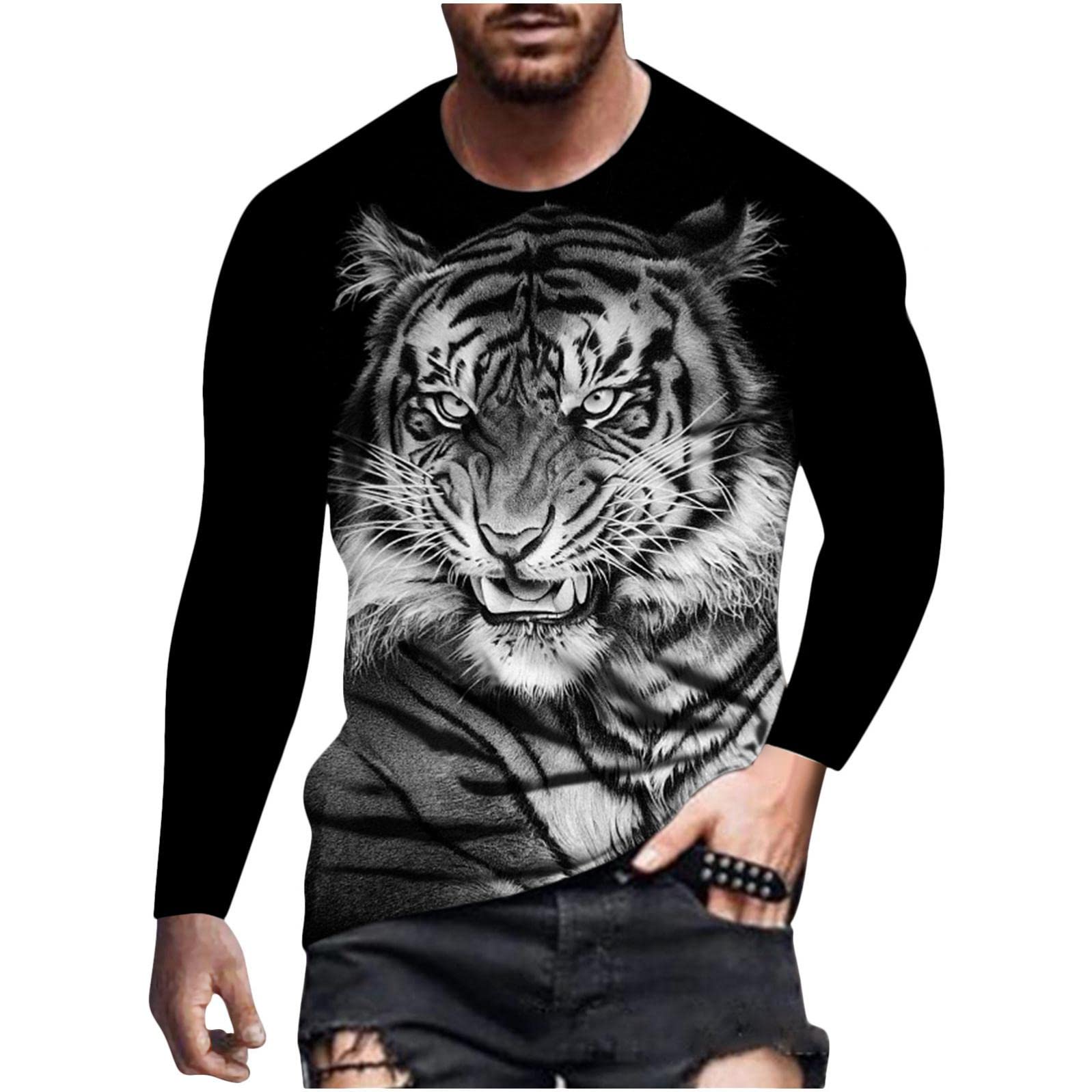 Men's 3D Printed Long Sleeve Muscle Tee - Regular Fit Crew Neck Lightweight Sweatshirt for Gym, Workout & Casual Wear | Fashionable Printed Shirts for Men