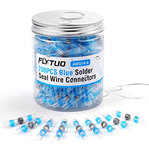 Flytuo 200PCS Blue Solder Seal Wire Connectors - AWG16-14 Marine Grade Waterproof Heat Shrink Butt Connectors for Electrical Wiring, Automotive, Marine & DIY Projects