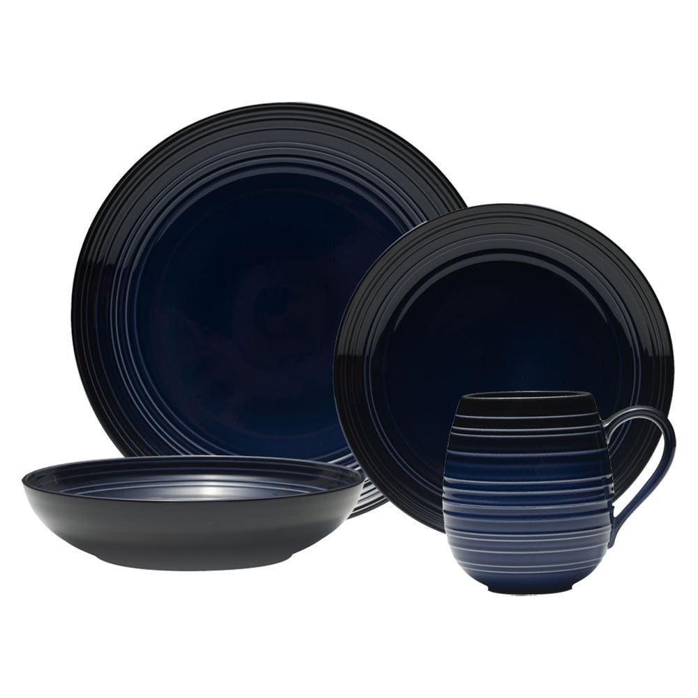 Swirl Black Coupe with Cobalt Ombre Accent 16-Piece Dinnerware Set - Service for 4 - Elegant Tableware for Modern Dining, Dinner Parties & Home Decor