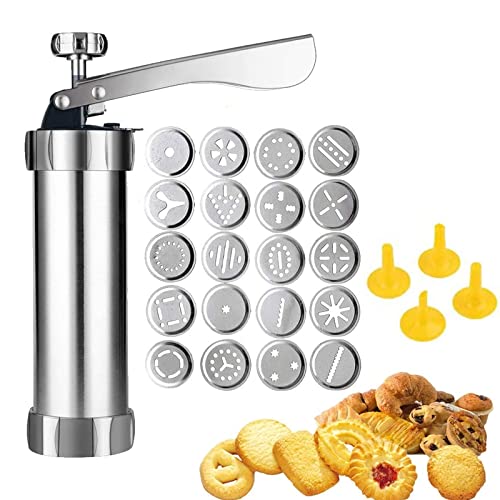Premium Stainless Steel Cookie Press Gun with 20 Decorative Discs & 4 Icing Tips - Professional Spritz Cookie Maker for Baking, DIY Biscuits, and Cake Decorating - Perfect for Holiday Baking, Party Treats, and Home Kitchen Use