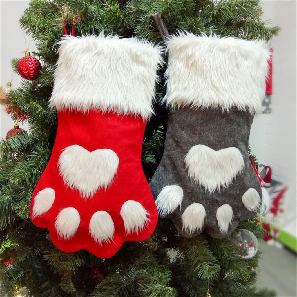 TWAILW 2PCS Fluffy Christmas Stockings for Dogs - Long Haired Pet Paw Print Holiday Socks & Tree Ornaments (Color A, 22x44cm) - Perfect for Pet Lovers' Christmas Decor & Festive Home Decorating