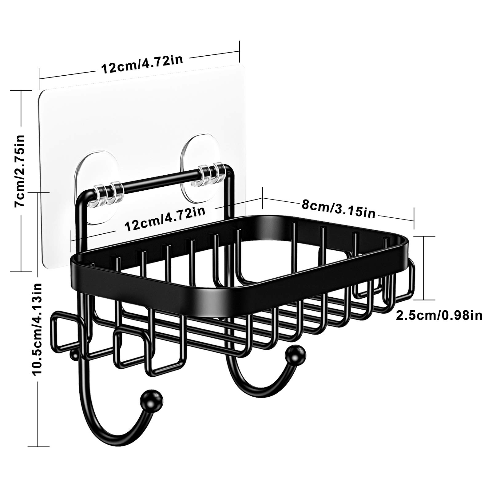 ODesign Adhesive Wall Mounted Soap Dish Holder with 6 Hooks - Loofah, Bath Sponge, Towel & Razor Organizer for Bathroom, Shower & Kitchen - No Drilling Required (Black, 1 Pack) - Perfect for Small Space Organization & Clutter-Free Bathroom Storage