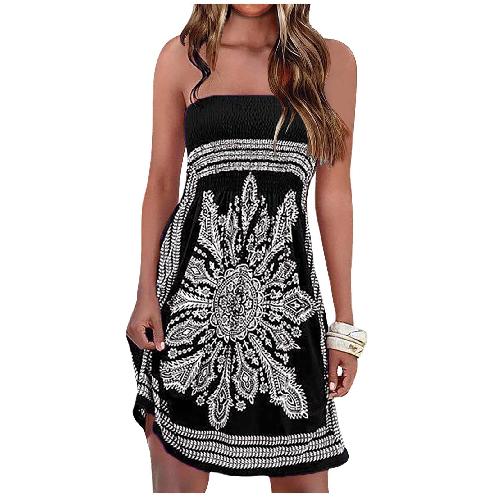 HAOREEKZ Women's Sexy Strapless Tube Top Dress - Floral Boho Printed Ruched Mini Dress for Summer, Beach & Party | Off Shoulder Open Back Sleeveless Dress (Black, Small)