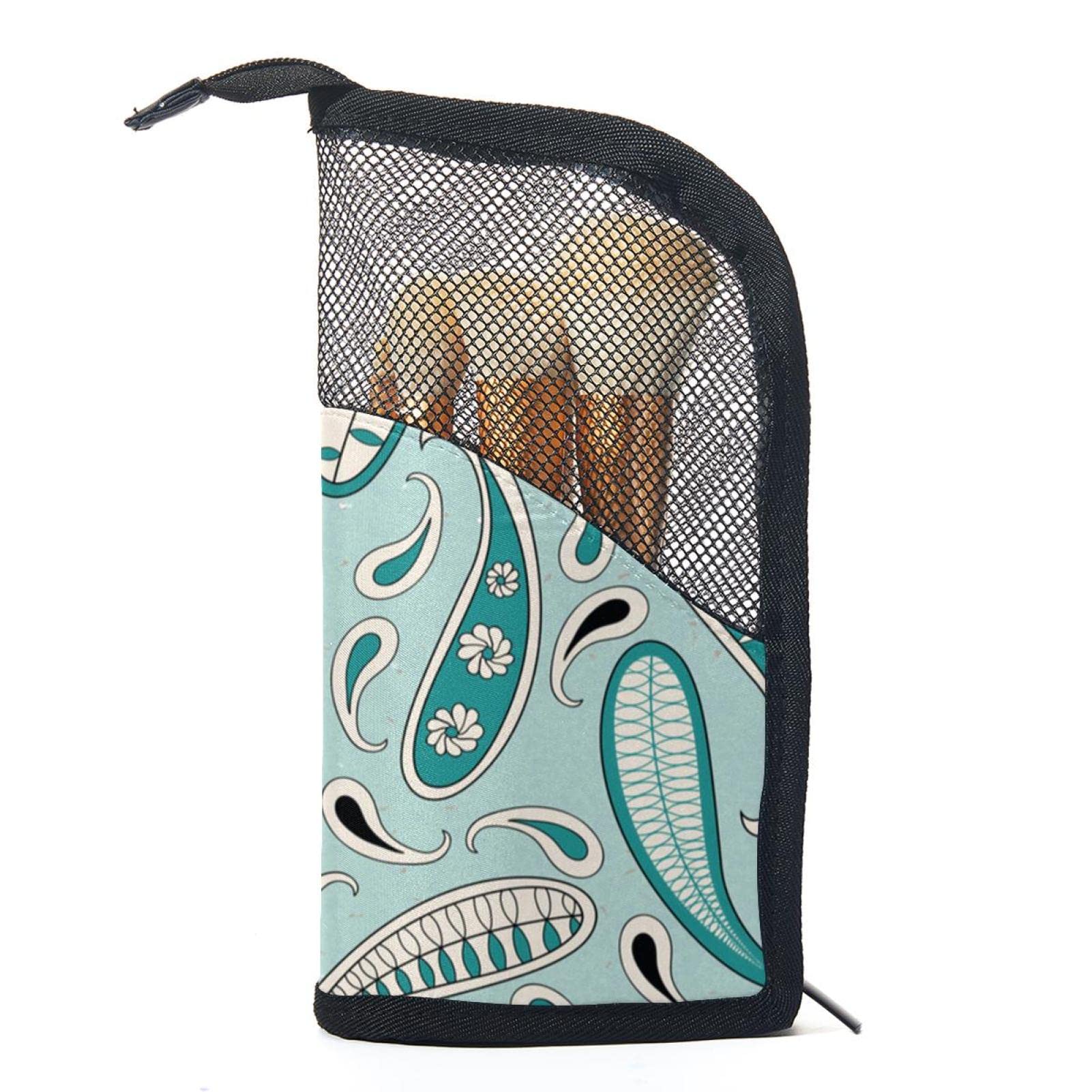12-Piece Makeup Brush Organizer Bag with Pouch - Green Paisley Floral Design, Portable Travel Cosmetic Brush Holder Case for Professional Artists & Beginners - Perfect for Home, Travel, and Salon Use