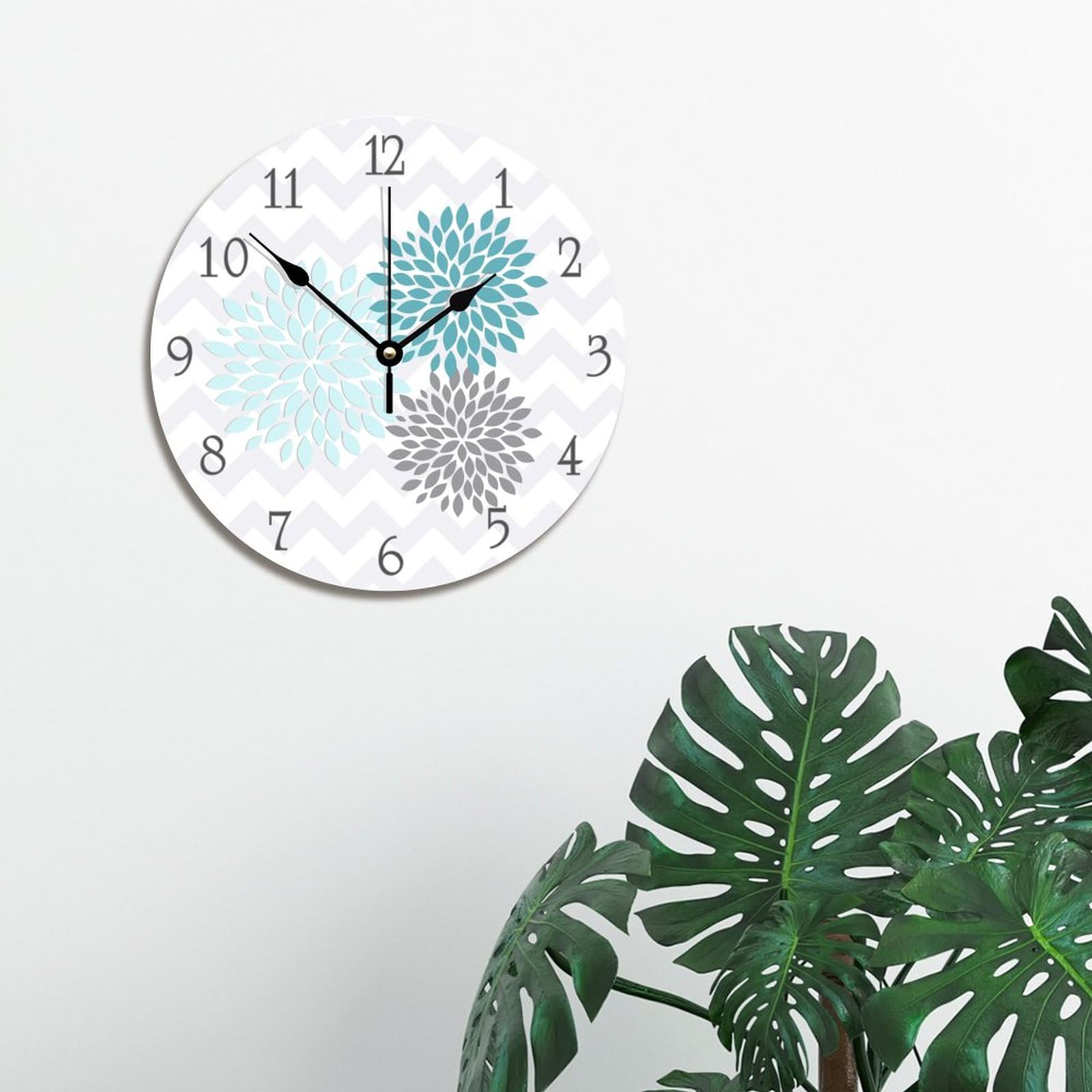 ArogGeld Silent Non-Ticking Wooden Wall Clock - Teal, Aqua & Grey Dahlia Flower Design | Battery Operated, Easy to Read | Perfect for Nursery, Kids Room, Office & Home Decor | Ideal Housewarming Gift