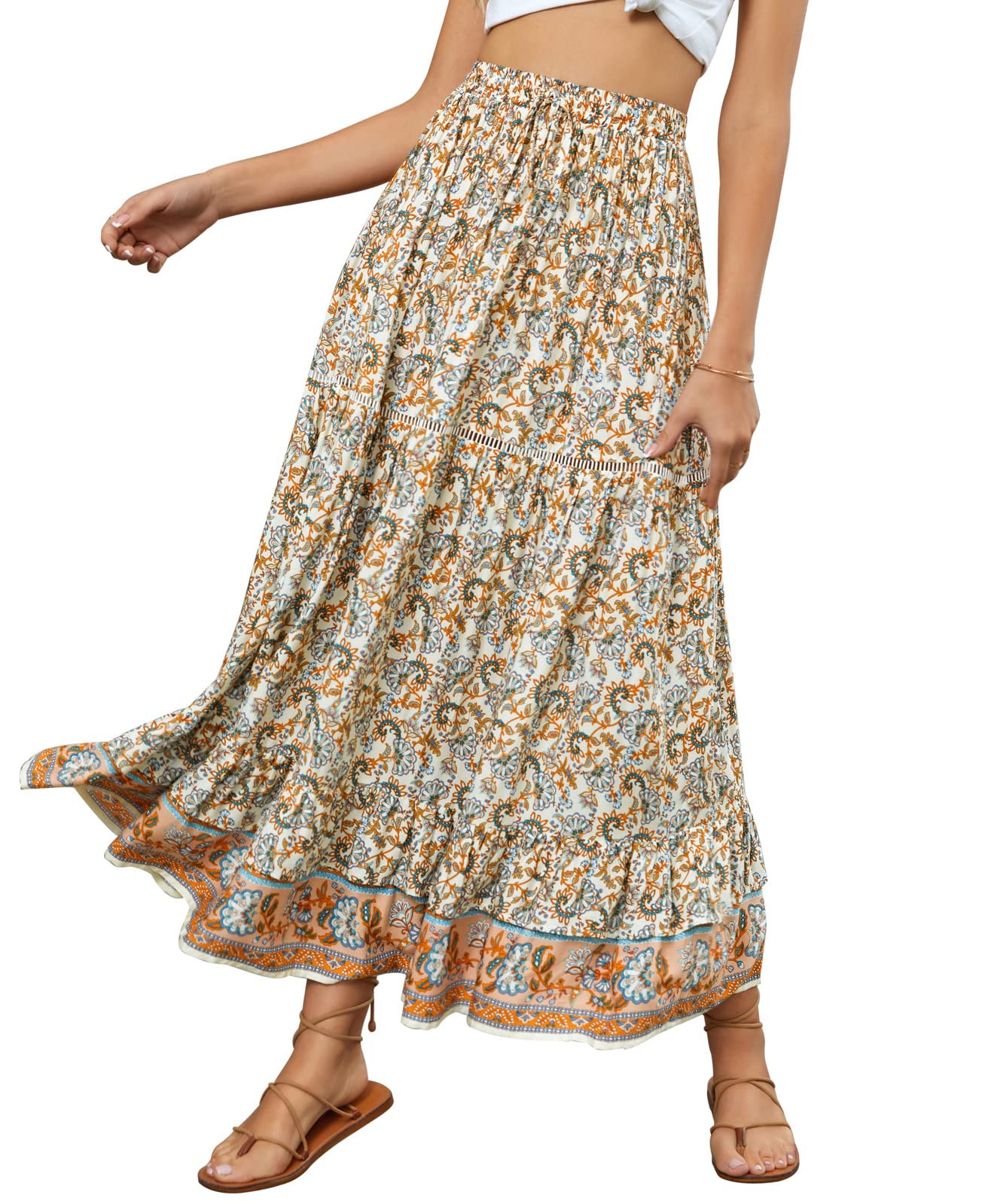 KANCY KOLE Women's Boho Floral Print Maxi Skirt - Elastic Waist, Ruffle Hem, Flowy A-Line Long Skirt for Beach, Vacation & Summer Outfits