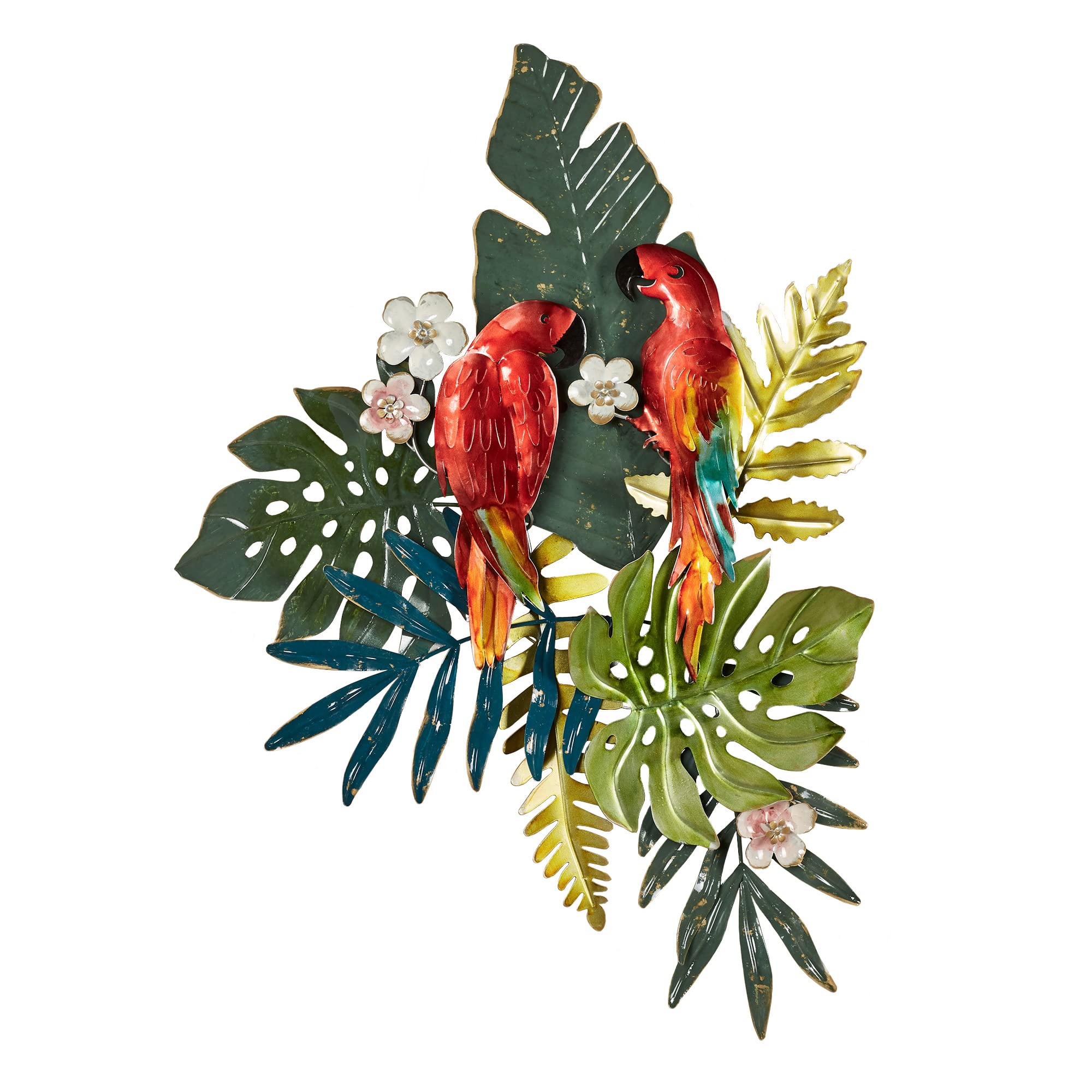 Hand-Painted Tropical Island Parrots Metal Wall Art Sculpture - Vibrant Red, Green, White & Blue - Large Decorative Home Décor for Bedroom, Living Room, Bathroom, Kitchen - Perfect for Coastal, Beach House or Tropical Theme Decorations