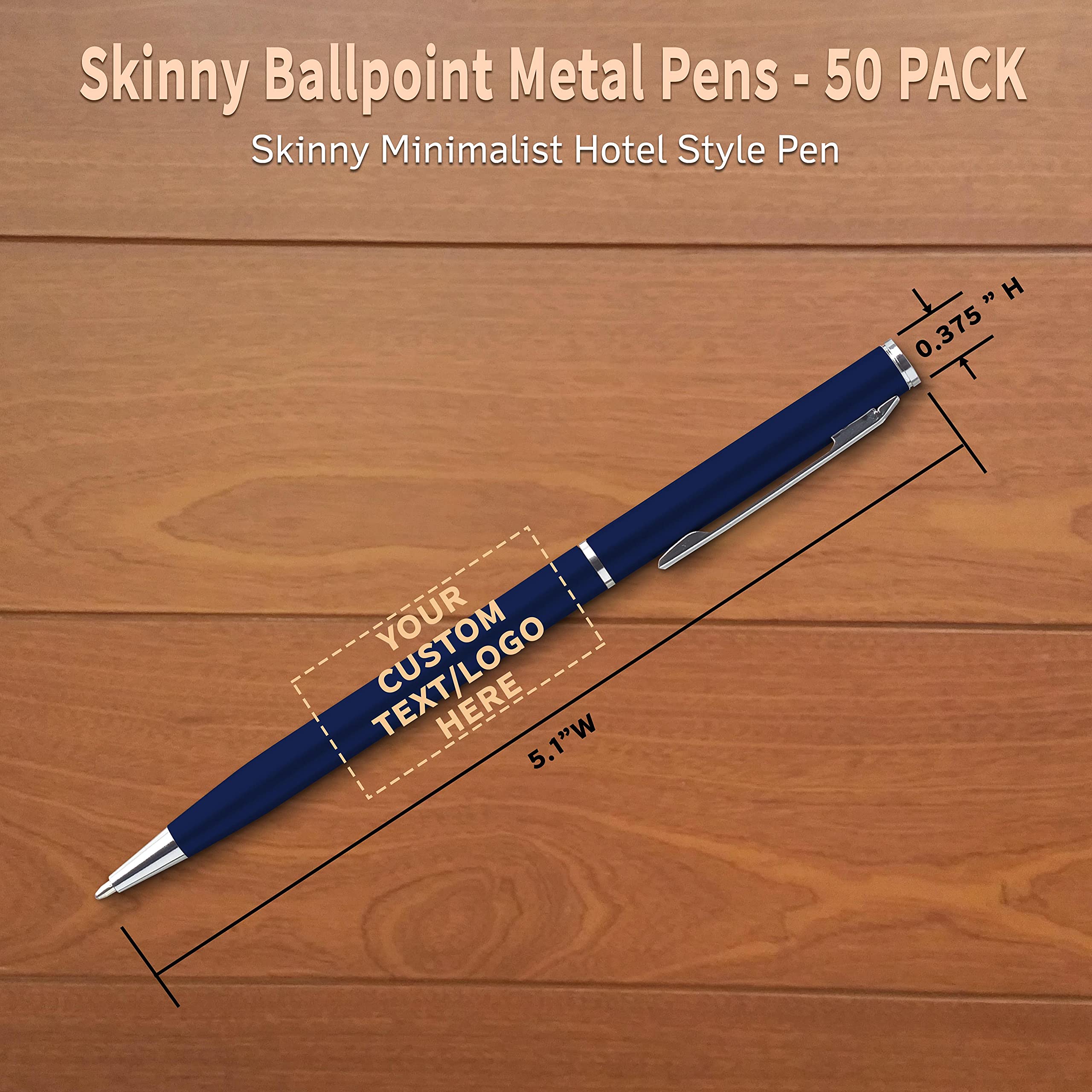 50 Pack Customizable Skinny Ballpoint Metal Pens with Black Ink - Sleek Twist-Off Design for Office, School & Business Promotions - Engrave Your Logo or Text
