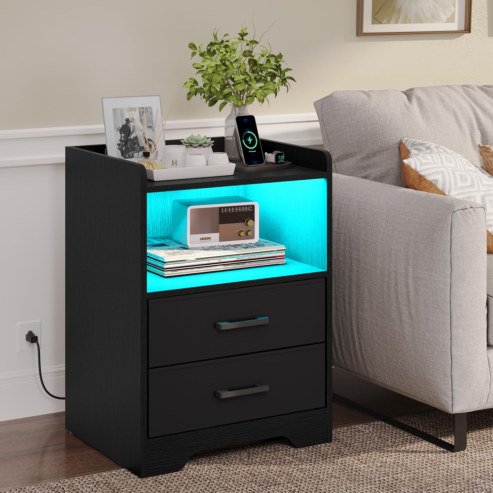 Hasuit Modern Night Stand Set of 2 with LED Lights & USB Charging Station, Black Bedside End Tables with 2 Fabric Storage Drawers for Bedroom - Perfect for Small Spaces, Apartment Living & Guest Room Decor