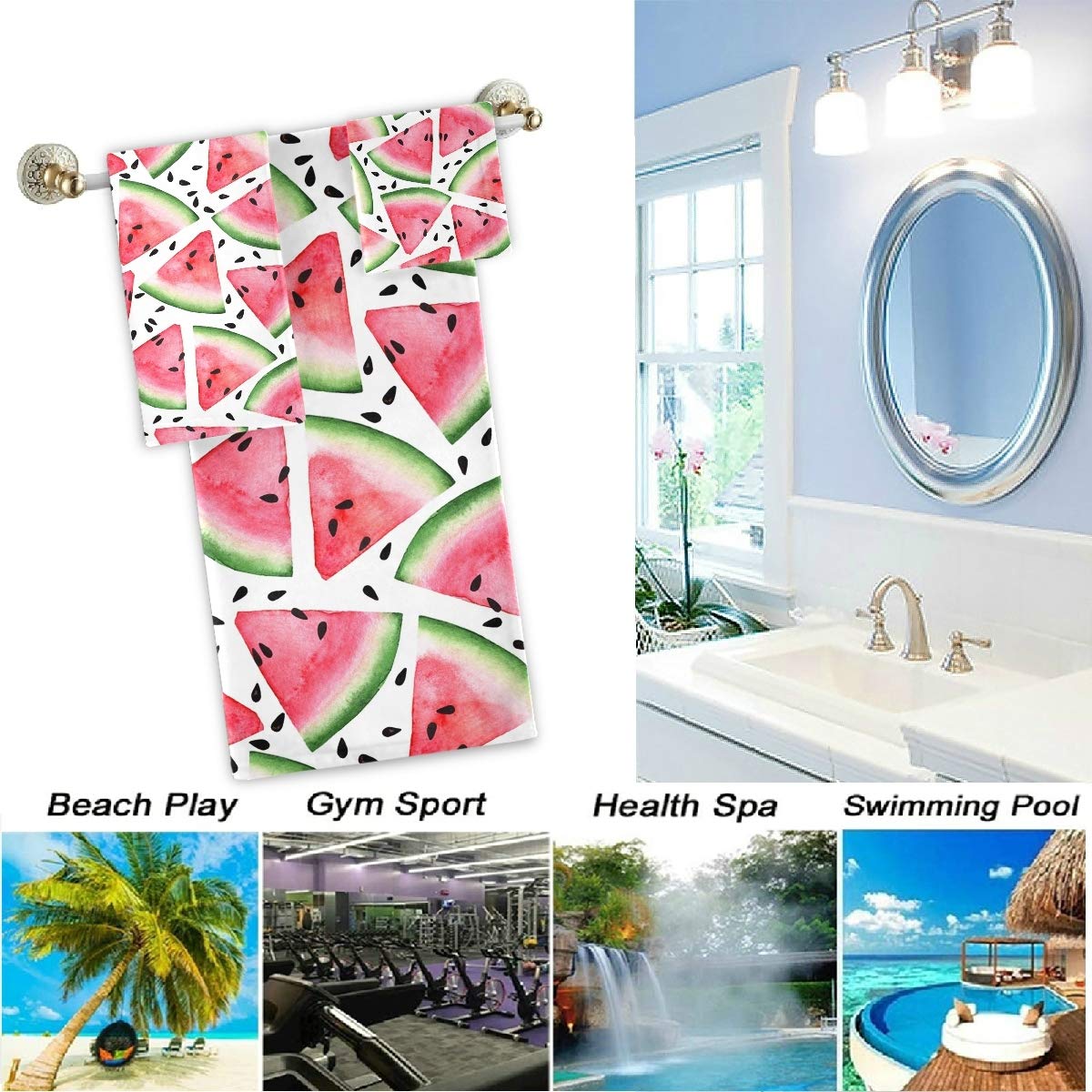Soft Luxury Decorative Set of 3 Pink Watermelon Pattern Towels - 1 Bath Towel, 1 Hand Towel & 1 Washcloth | Summer Themed Cotton Towels for Bathroom, Hotel, Gym, Spa, Beach & Home Decor | Cute Watermelon Print Bath Accessories