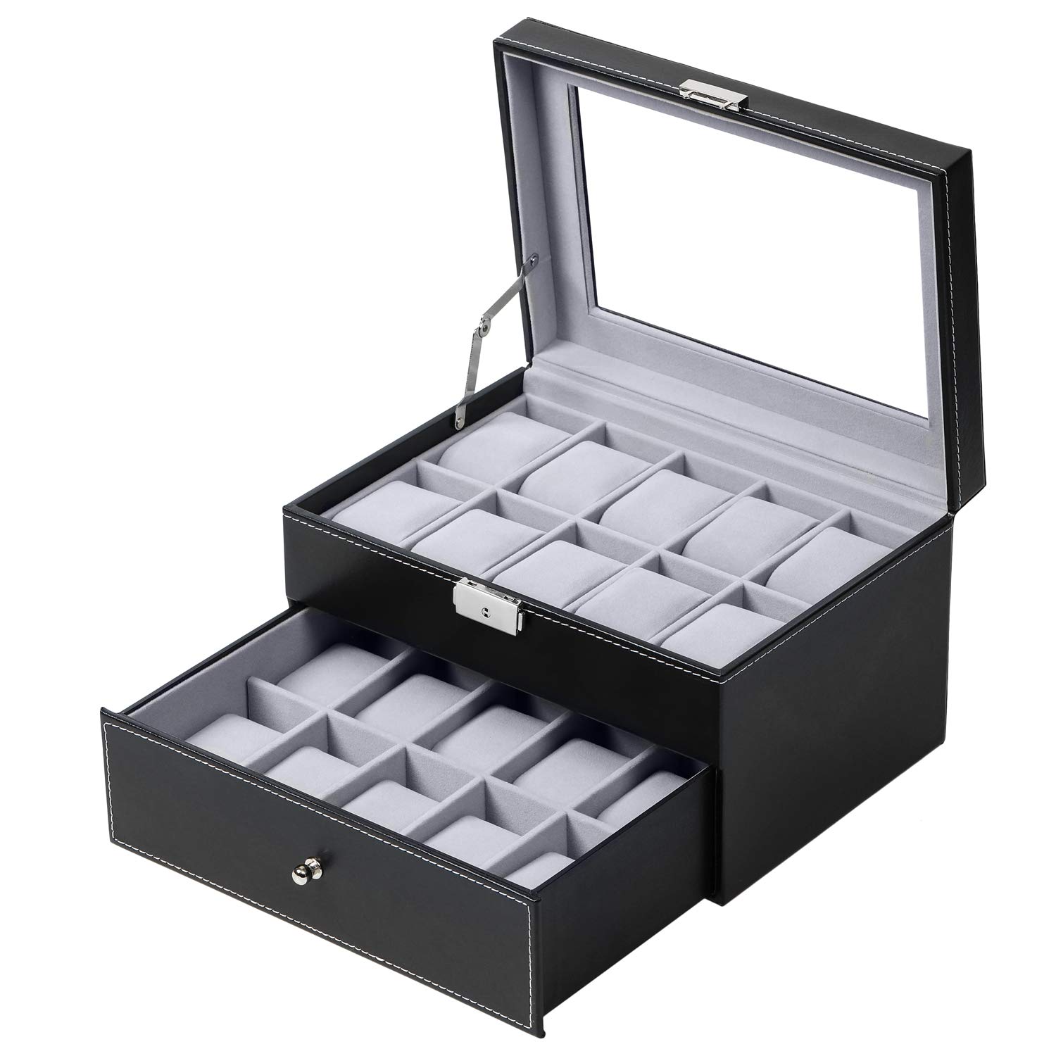 Premium 20-Slot Watch Box for Men - PU Leather Watch Display Case with Large Glass Top - Luxury Watch & Jewelry Organizer - Perfect for Travel, Gifts & Home Storage