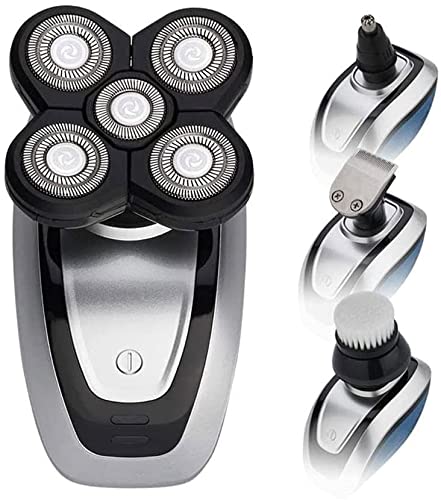 Professional 4-in-1 Electric Head Shaver for Men - Cordless Rechargeable Bald Head Shaver with Nose Trimmer & Facial Brush - Anti-Pinch Technology & Ergonomic Design - Perfect for Home, Travel & Gym Use (Black)