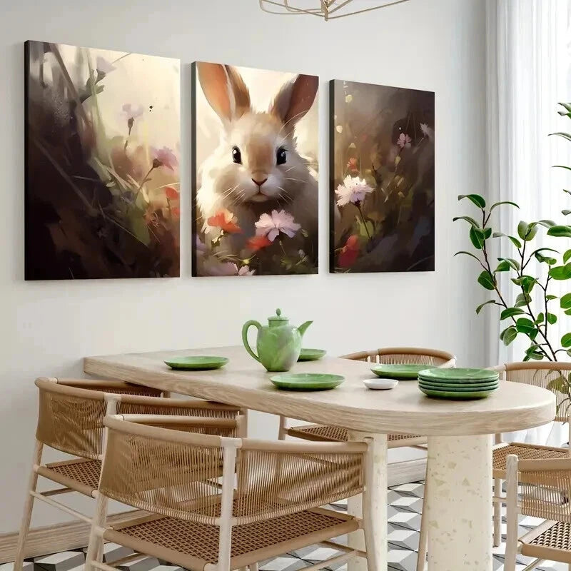 3-Piece Abstract Cute Bunny Flowers Brown Rabbit Wall Art Set - 50x70cm Framed Canvas Prints | High Quality Australian Made | Perfect for Nursery, Kids Room & Home Decor | Ready to Hang