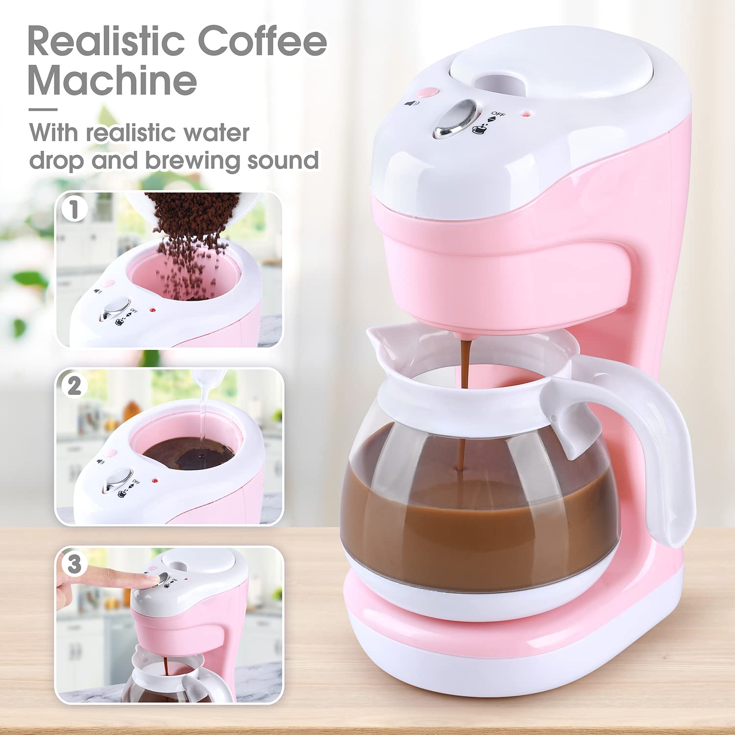 **Realistic Kids Play Kitchen Set with Coffee Maker, Mixer & Toaster - Pretend Cooking Toys for Ages 3-8, Light & Sound Effects - Perfect Gift for Girls & Boys - Fun for Role Play & Early Learning**
