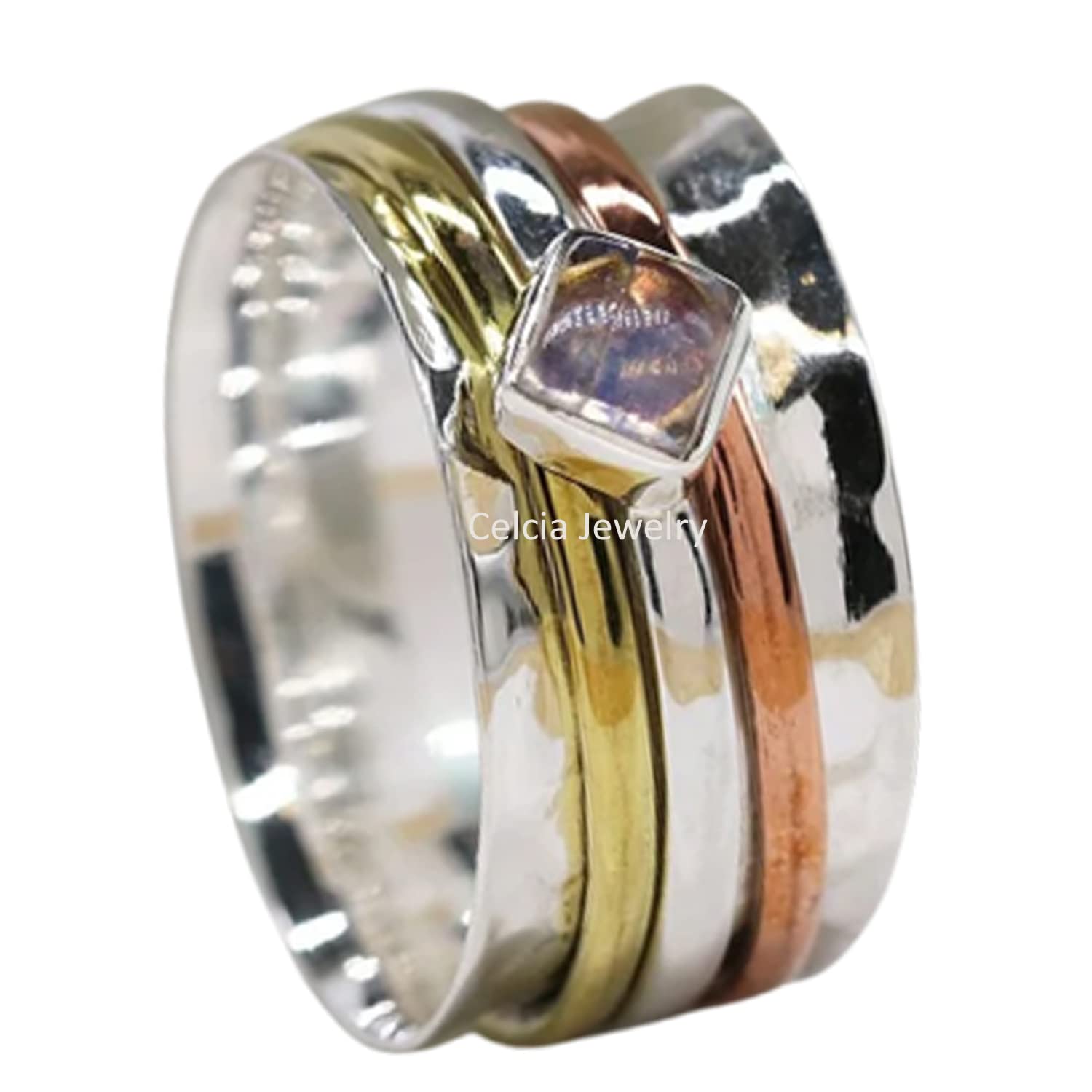 Moonstone Handmade Spinner Square Ring – Meditation & Anxiety Relief Fidget Ring, Three-Tone Hammered Design, Unique June Birthstone Jewelry (US Size 7) – Perfect for Stress Relief, Mindfulness Practice & Stylish Everyday Wear
