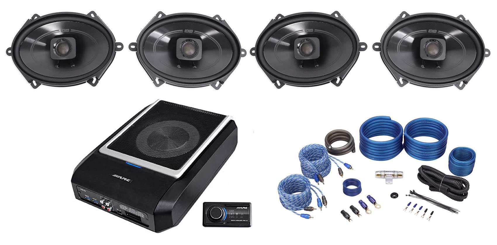 ALPINE PWD-X5 Slim Under-Seat Active Subwoofer Bundle with Rockville RWK42 Amp Kit & (2) Polk Audio DB572 Marine Speakers – Perfect for Car Audio Upgrades and Marine Applications