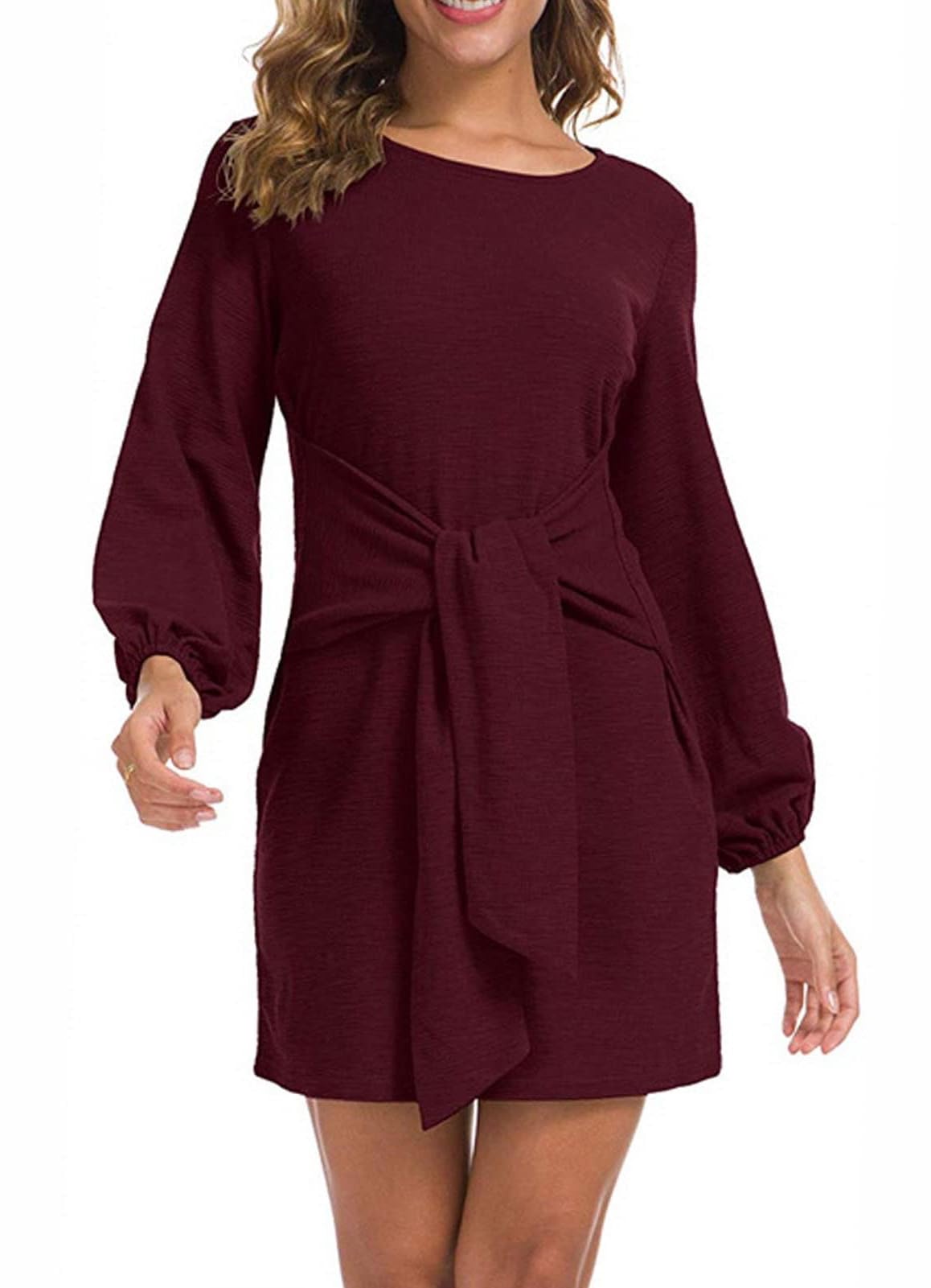 2024 Women's Elegant Long Lantern Sleeve Short Dress - Tie Waist Crewneck Cocktail Party Dress for Evening Events, Weddings & Date Nights