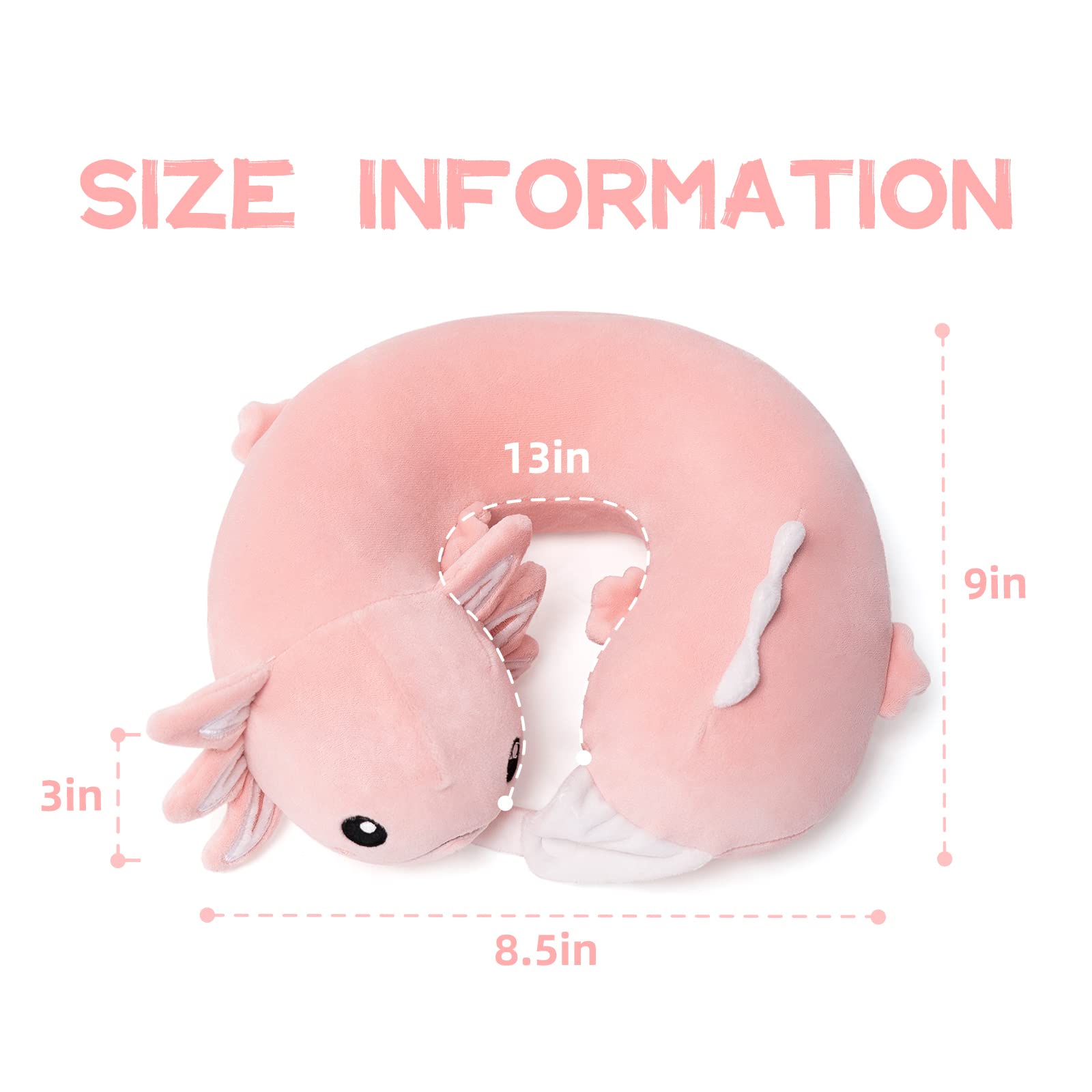 Soft Memory Foam Axolotl Neck Pillow for Kids 3-8 Years - Pink Travel Pillow for Airplane, Car & Road Trips - Ergonomic Cervical Support for Boys & Girls - Perfect for Sleeping on Flights & Long Journeys