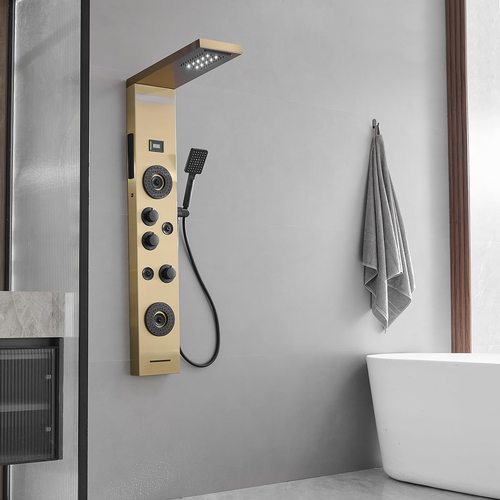 Brushed Gold LED Rainfall Shower Panel System - 6-Function Body Massage Shower Tower with Temperature Display | Wall Mount Bathroom Fixture for Luxurious Spa Experience