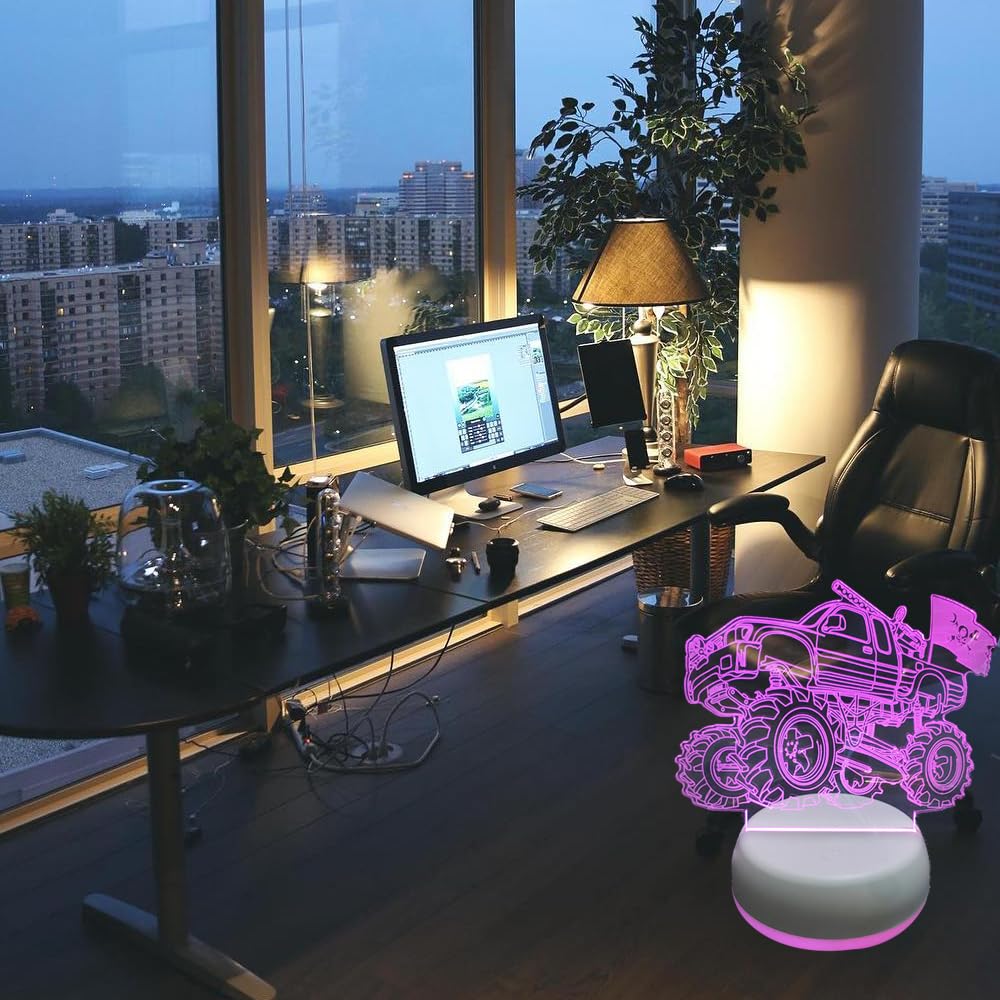 3D Monster Truck Illusion Night Light - Kids Bedside Lamp with White Base, Cool Desk Decor for Bedroom, Office, Store - Unique Christmas Gift for Boys, Girls, Men & Women | Perfect for Night Lights, Room Decor, Birthday Presents and Holiday Gifting