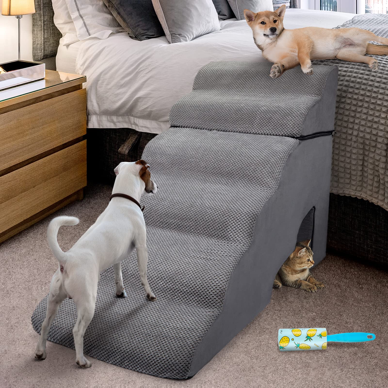 LitaiL 6-Tier Foam Dog Stairs for High Beds - Extra Wide Pet Steps for Large Dogs (30 Inches Tall) - Non-Slip Dog Ramp for Small, Senior & Injured Pets - Perfect for Bedside, Couch & Furniture Access