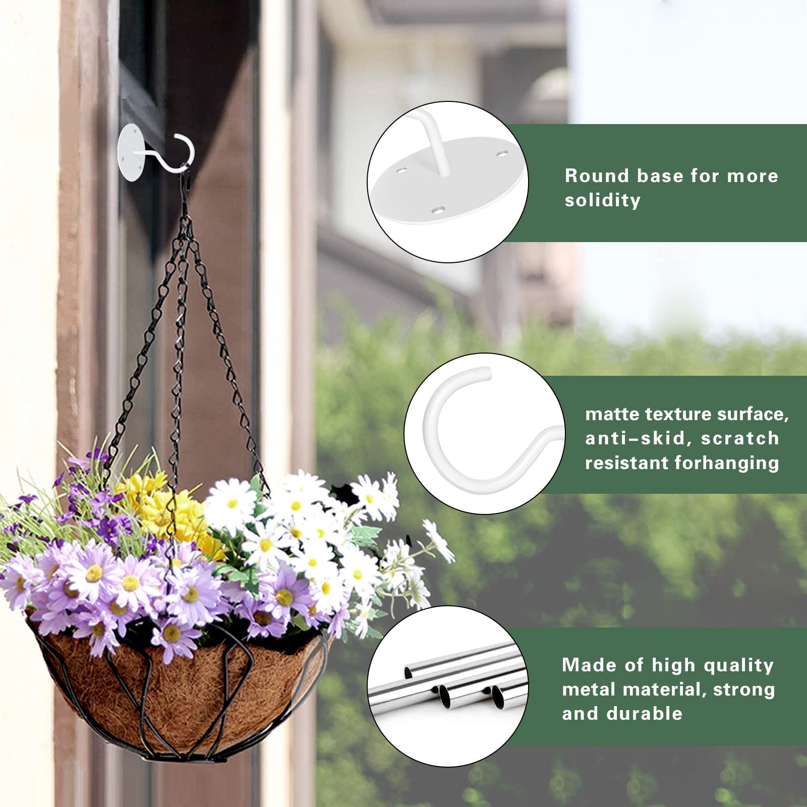 Heavy Duty Metal Ceiling Hooks for Hanging Plants - 3 Pack White Wall Mount Hangers for Bird Feeders, Wind Chimes, Lanterns & Planters - Perfect for Outdoor Garden, Patio & Balcony Decoration
