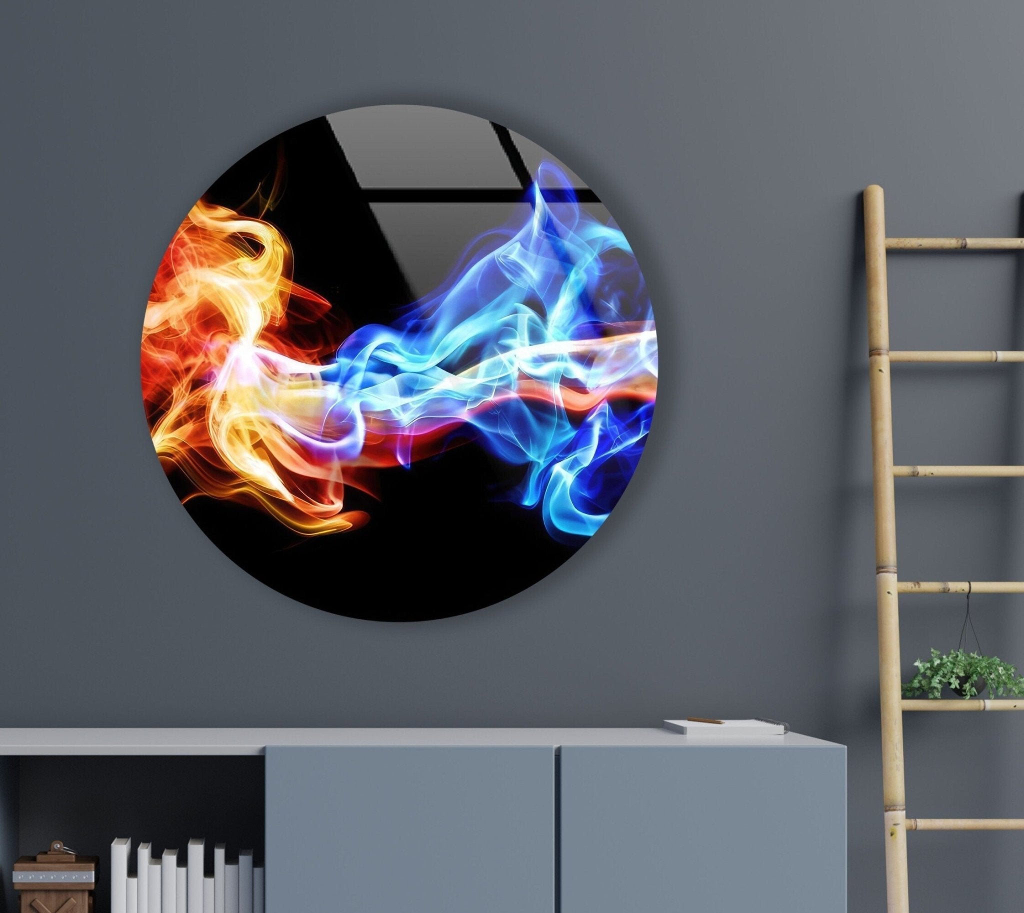 Abstract Round Orange & Blue Glass Wall Art - Modern Handmade Home Decor for Living Room, Bedroom & Office - Unique Glass Artwork for Wall Decor & Gifts