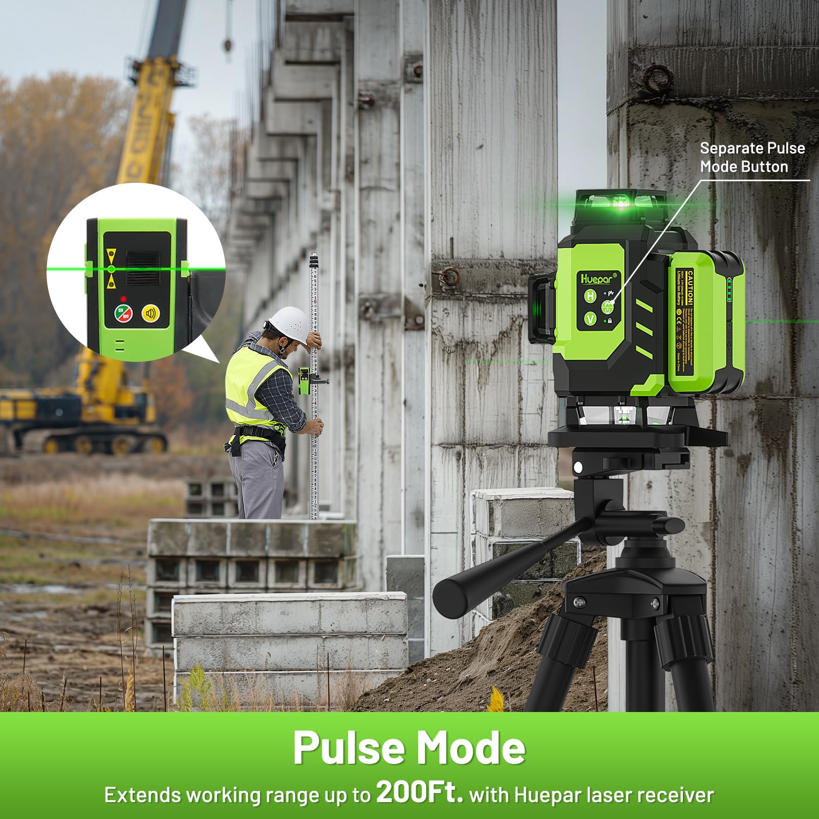 Huepar 4D Self-Leveling Green Beam Laser Level - 16 Lines Cross Line Tiling Tool with 2x360° Horizontal & Vertical Lasers, 2 Li-ion Batteries & Hard Case - Perfect for Flooring, Construction, and DIY Projects - LS04CG