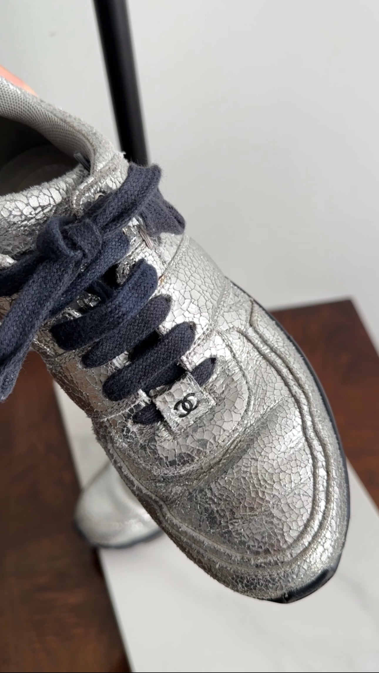 Chanel Silver Crackle Leather and Navy Sneakers Size 36 - Luxury Women's Fashion Sneakers for Casual Wear & Street Style