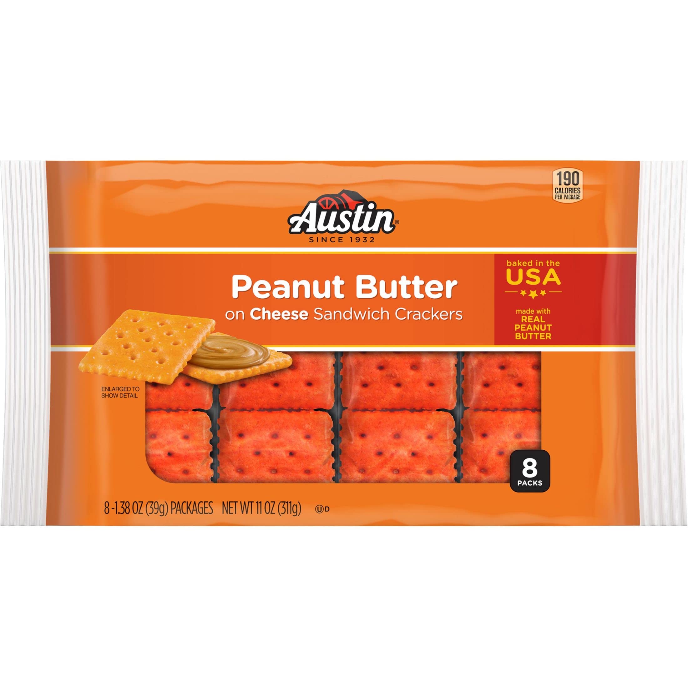 Austin Sandwich Crackers - Peanut Butter & Cheese Snacks, 11oz Tray (8 Packs) | Single Serve Office Snacks, Kids Lunchbox Treats & On-the-Go Snacking