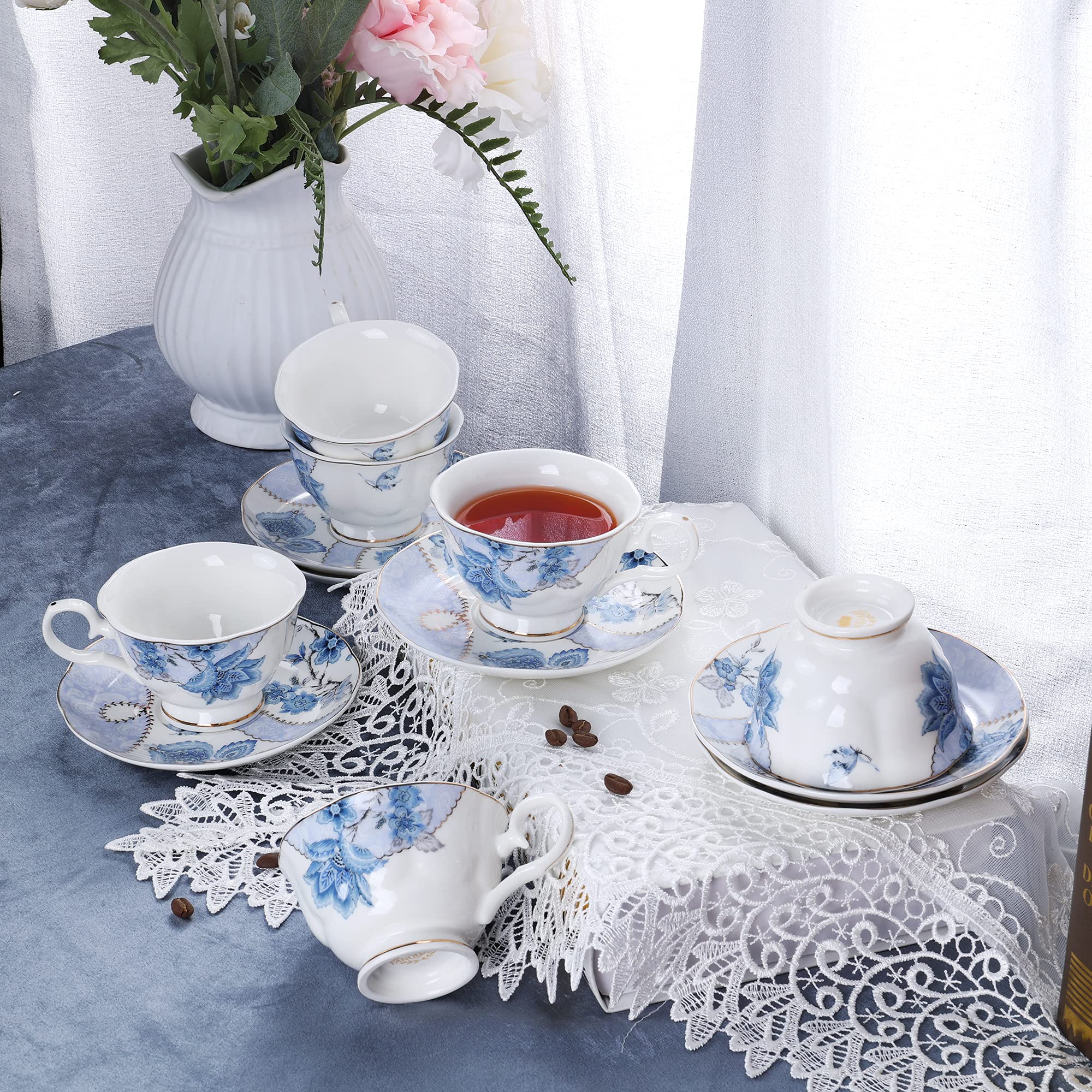 Fanquare Floral Coffee Cups Set of 6 (5 oz) - Porcelain Cappuccino Cups with Saucers, Elegant Tea Cups for Birthday, Wedding & Party - Blue - Perfect for Afternoon Tea, Coffee Breaks & Special Occasions
