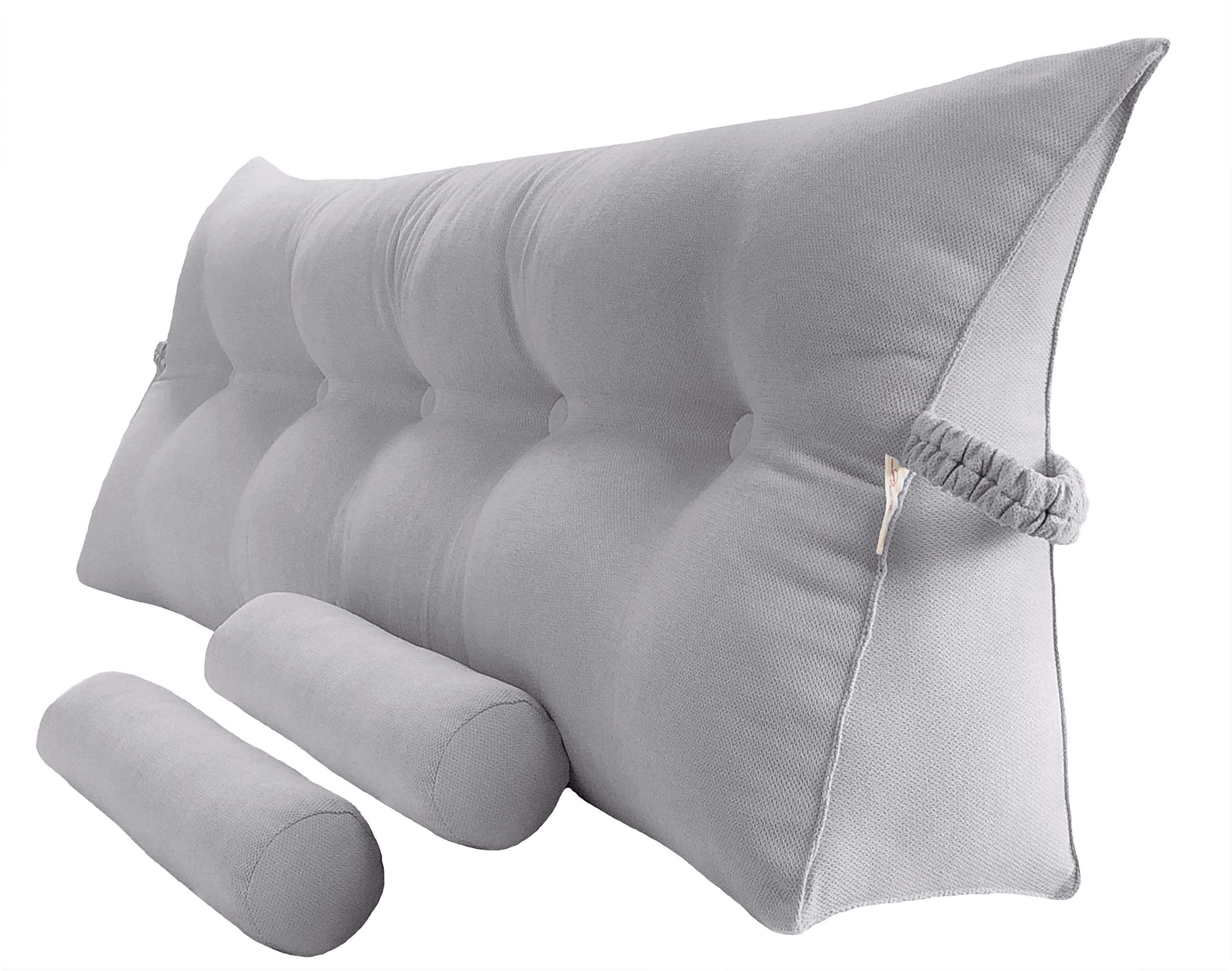 **Large Triangular Reading Bed Rest Pillow with Detachable Roll Pillows for Neck & Lumbar Support – Wedge Cushion Backrest Headboard (Chalk Grey, Queen 59