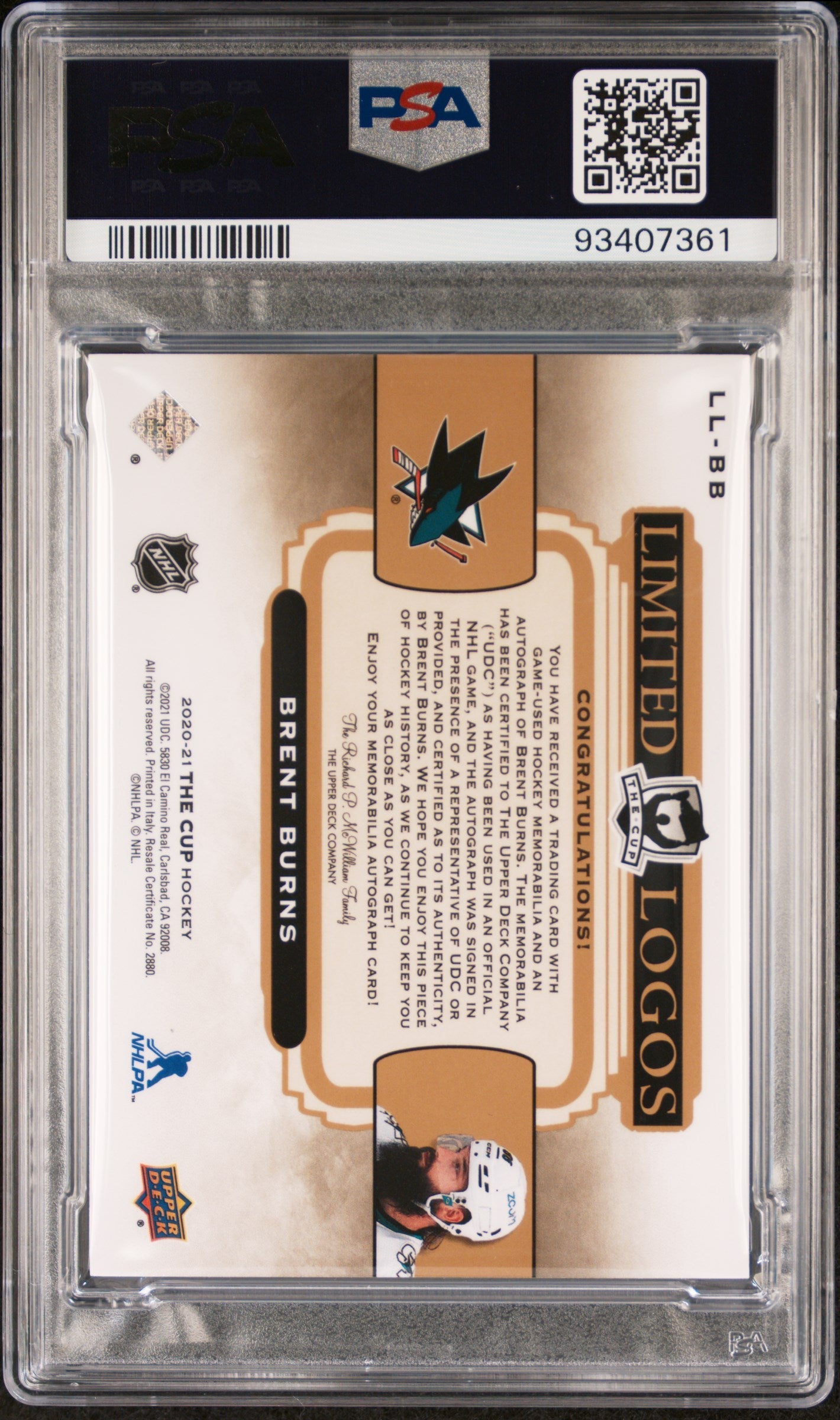 2020 UD The Cup Limited Logos Jumbo Patch Autographs Brent Burns PSA 9 02/25 Hockey Trading Card - Perfect for Collectors, Investors & Sports Memorabilia Enthusiasts