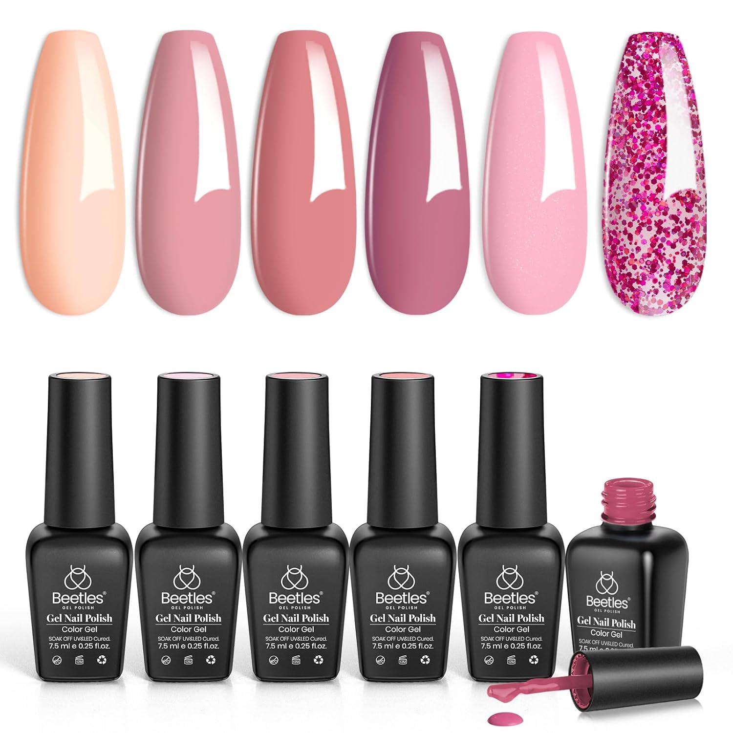 Beetles 6 Colors Gel Nail Polish Set - Pink Confetti Collection with Classic Nude, Glitter & Pastel Shades | Soak Off UV LED Nail Art Varnish | Manicure Kit for Women | Perfect for Home Salon, Party Nails & Gift Giving