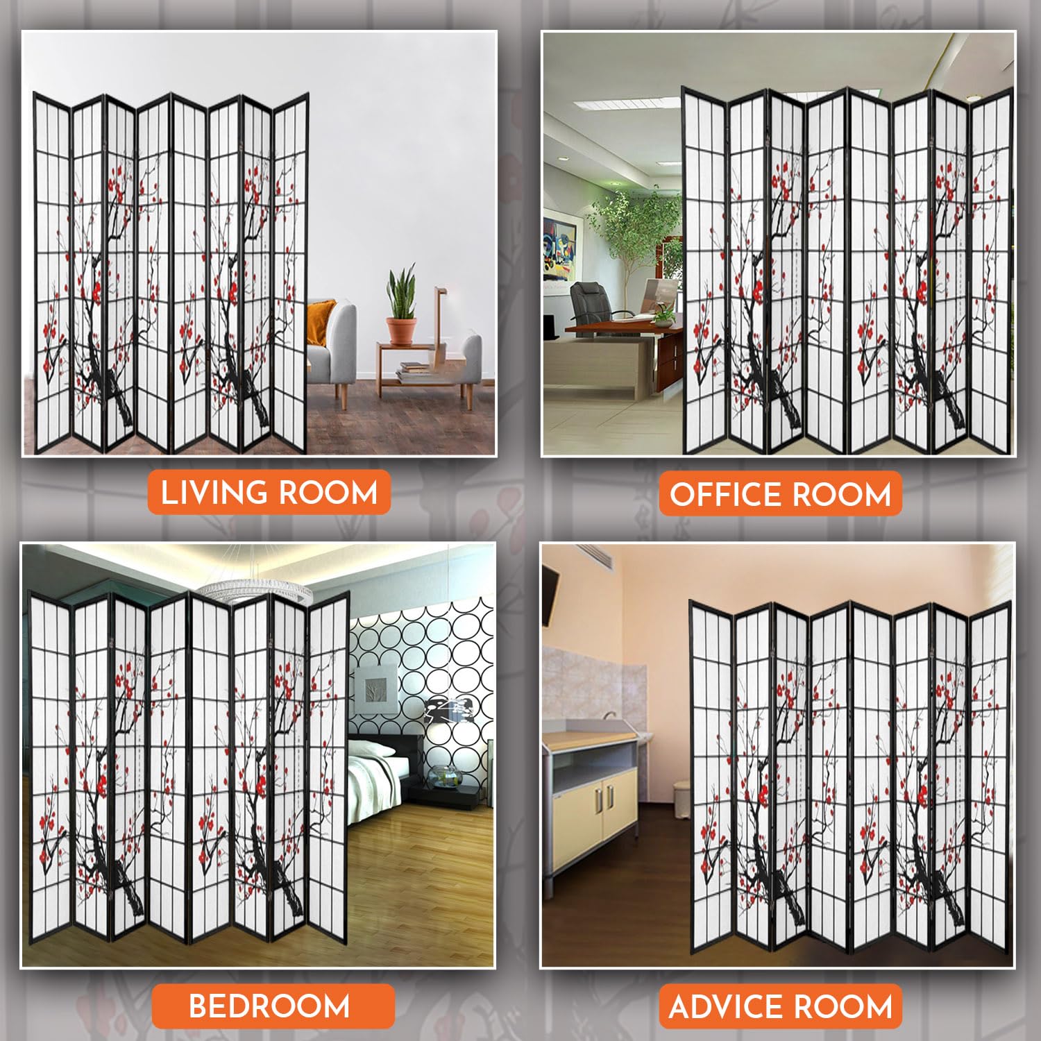 Legacy Decor 8-Panel Blossom Room Divider - Foldable Shoji Style Privacy Screen with Plum Blossom Design - Freestanding Partition for Home Office, Studio & Dressing Area - Portable Temporary Wall - Perfect for Creating Private Spaces, Room Dividers & Home Decor - Black