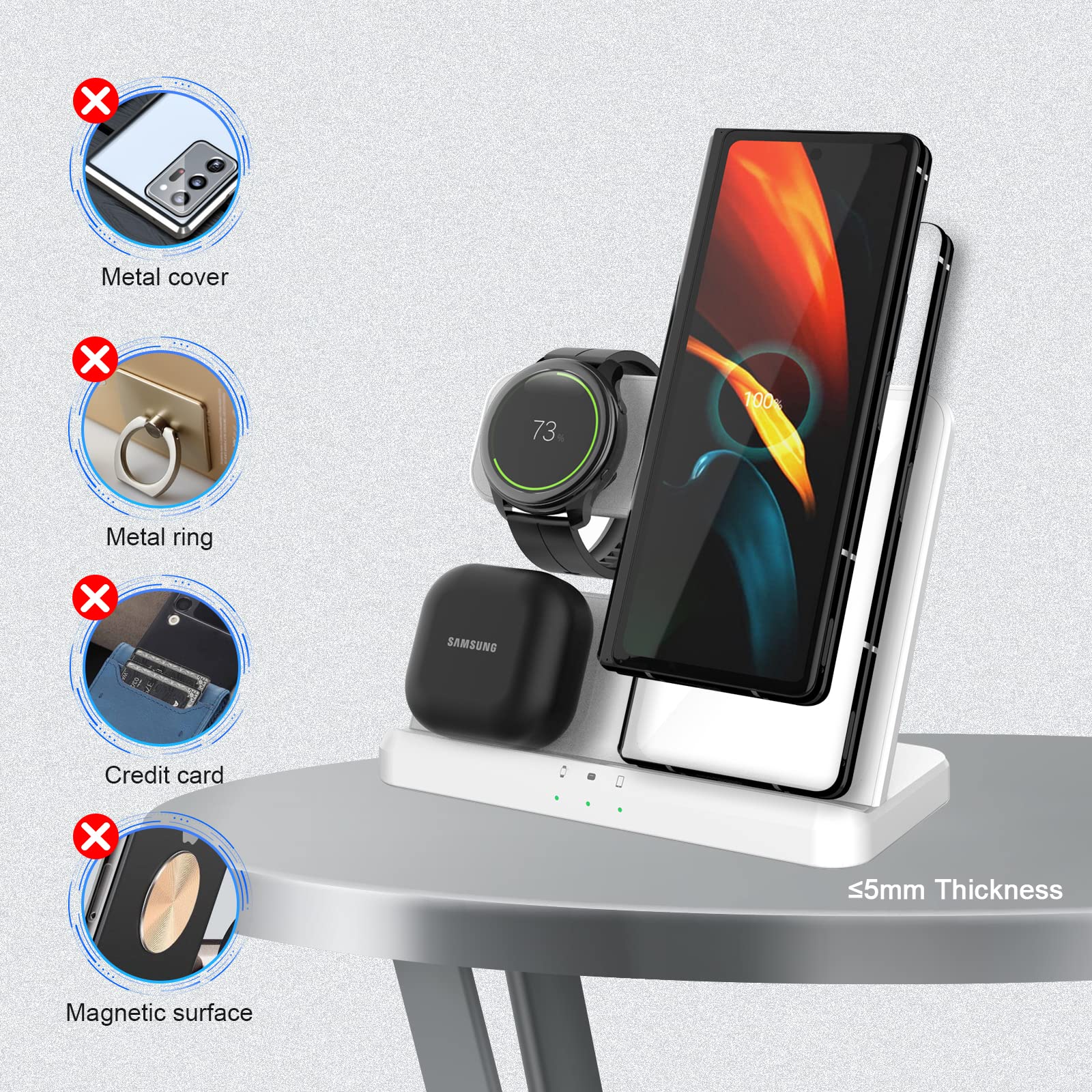 3-in-1 Fast Wireless Charger for Samsung Galaxy S24 Ultra/S24+/S23 Ultra/S22 Ultra/Z Fold 4/Flip 4 & Watch 5/5 Pro/4 & Buds - White | Multi-Device Charging Station for Home, Office & Travel