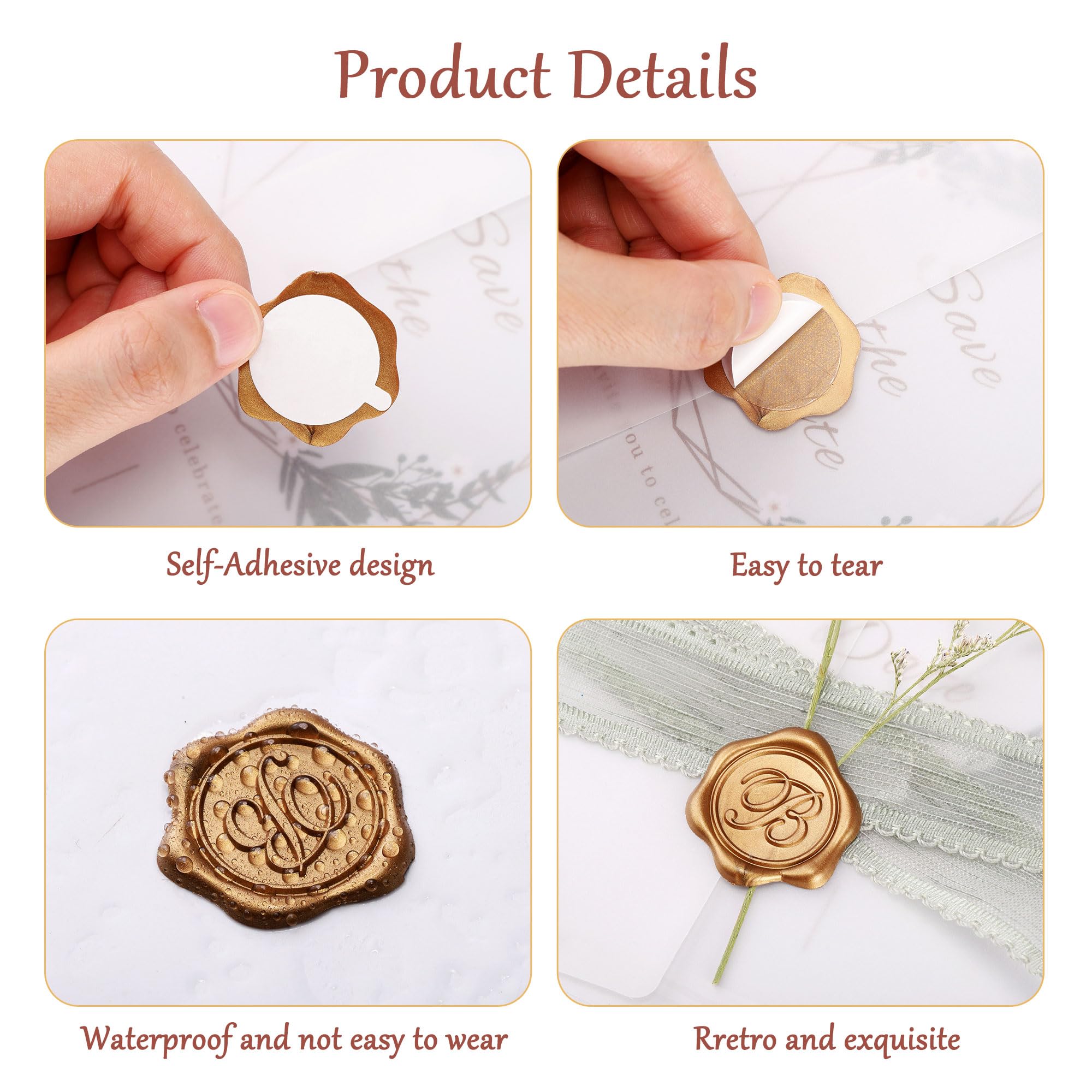 Yoption Initial Alphabet B Adhesive Wax Seal Stickers - 50 Pack Gold Letter Wax Seals for Envelopes, Self-Adhesive Decorative Stickers for Wedding, Party, Birthday & Christmas Invitations - Perfect for DIY Crafts, Scrapbooking & Elegant Correspondence