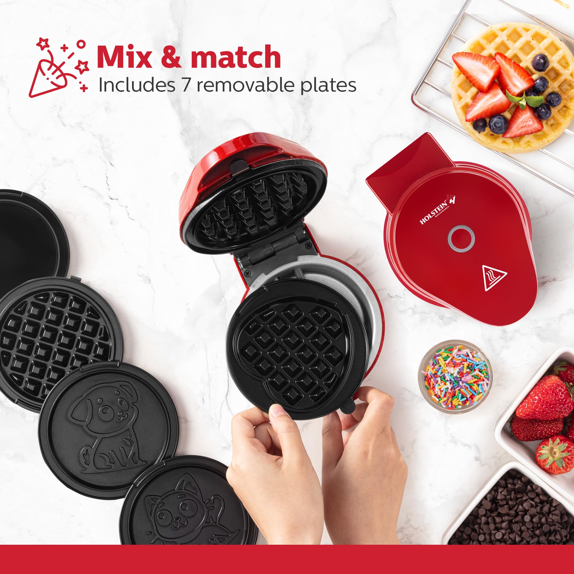 Holstein Housewares Mini 4-Inch Waffle Maker & Personal Griddle with 7 Interchangeable Plates - Make Fun-Shaped Waffles, Pancakes, Eggs (Dog, Cat, Heart Designs) - Perfect for Kids Breakfast, Party Treats & Family Cooking