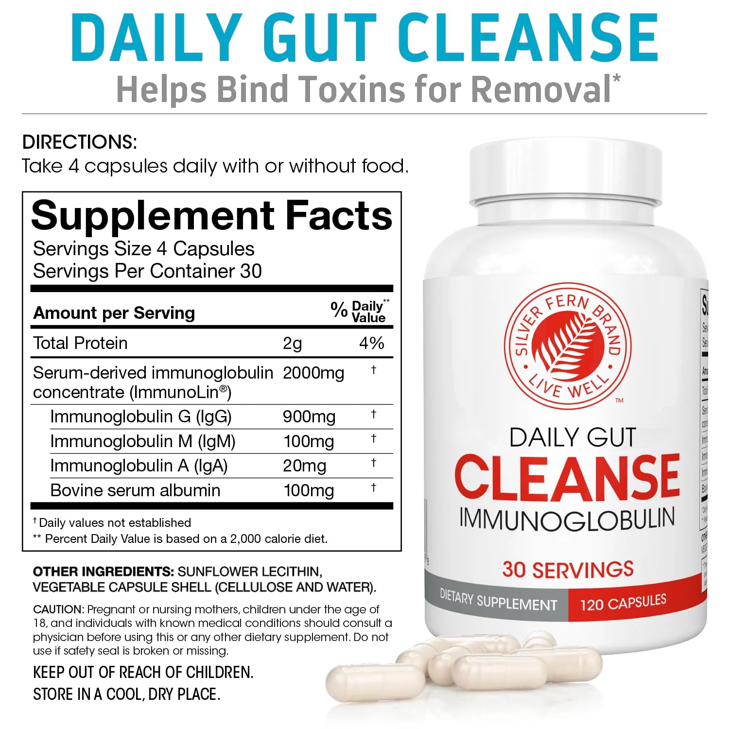Silver Fern Cleanse - Daily Gut Health Supplement - 2 Bottles (240 Capsules) - 60 Day Supply - IgG, IgA & IgM Support - Digestive & Immune System Booster - Postbiotic Formula - for Bloating Relief & Gut Balance - Perfect for Travelers & Busy Professionals