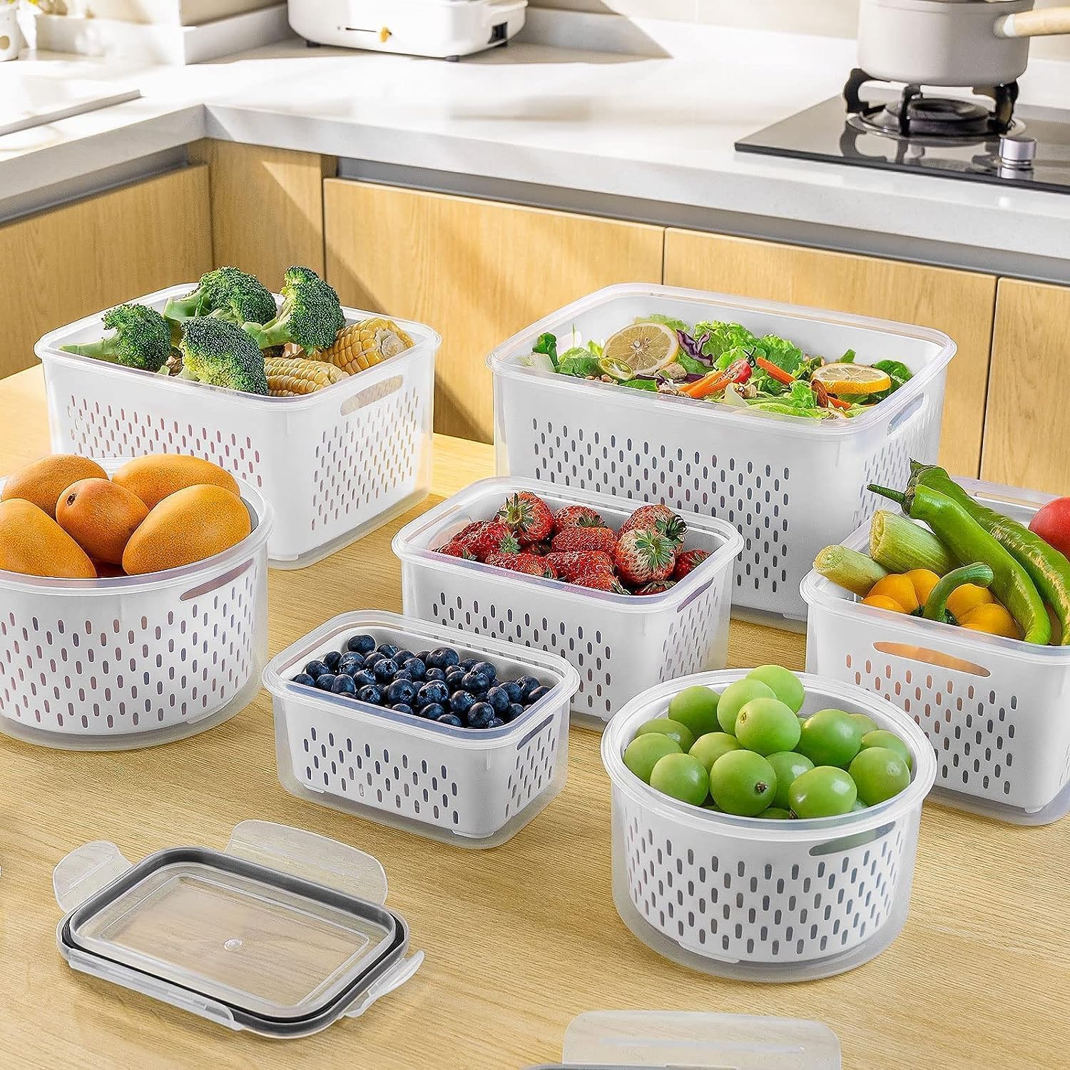 4-Piece Leakproof Food Storage Containers with Removable Colander & Chopper Set - Dishwasher & Microwave Safe Fridge Organizers for Fresh Fruits & Vegetables | Perfect for Meal Prep, Snack Storage & Kitchen Organization