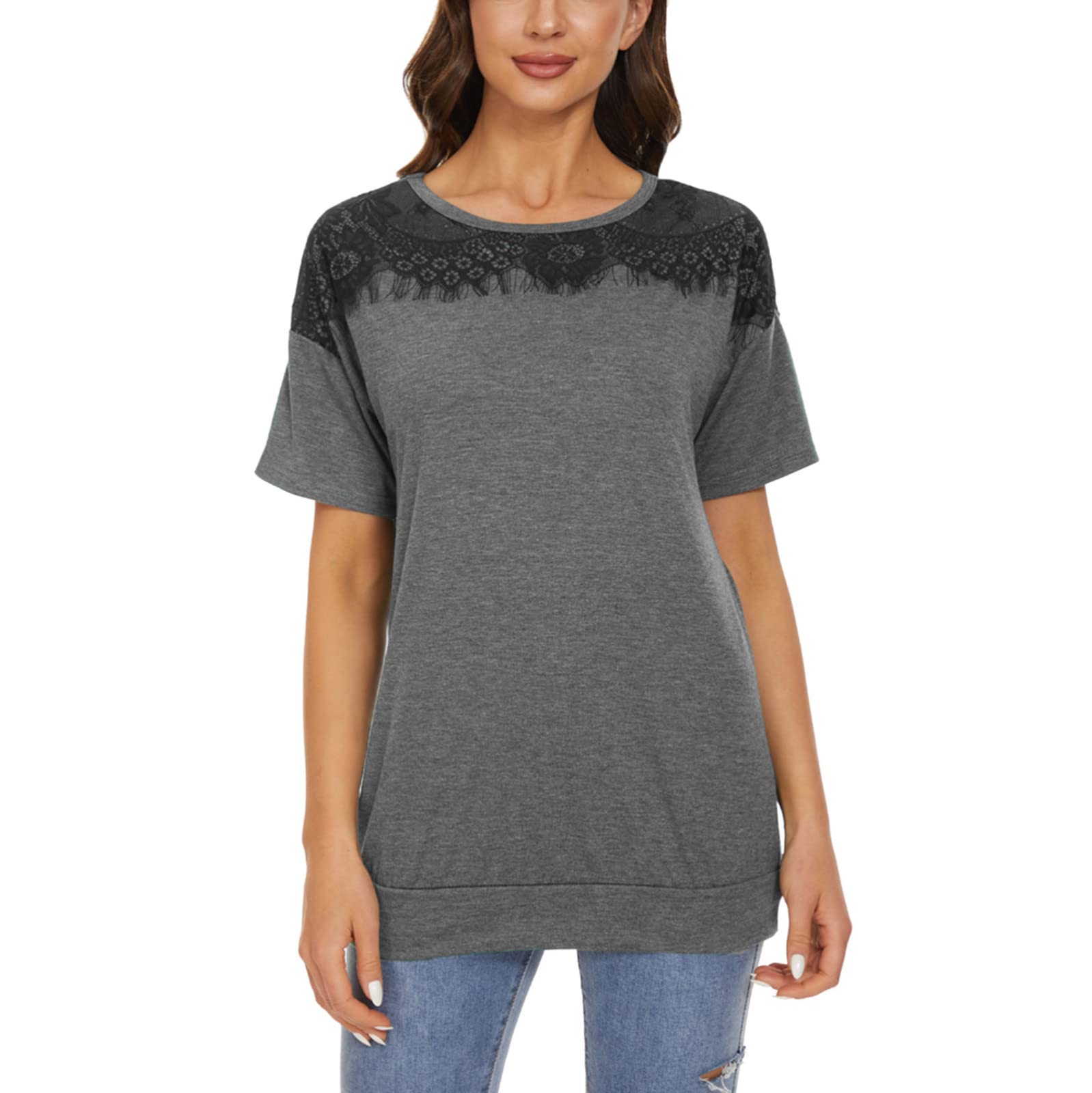 Women's Casual Short Sleeve Blouse - Lace Stitching Color Block Round Neck Tunic Top for Summer | Perfect for Office Wear, Date Nights & Beach Outfits