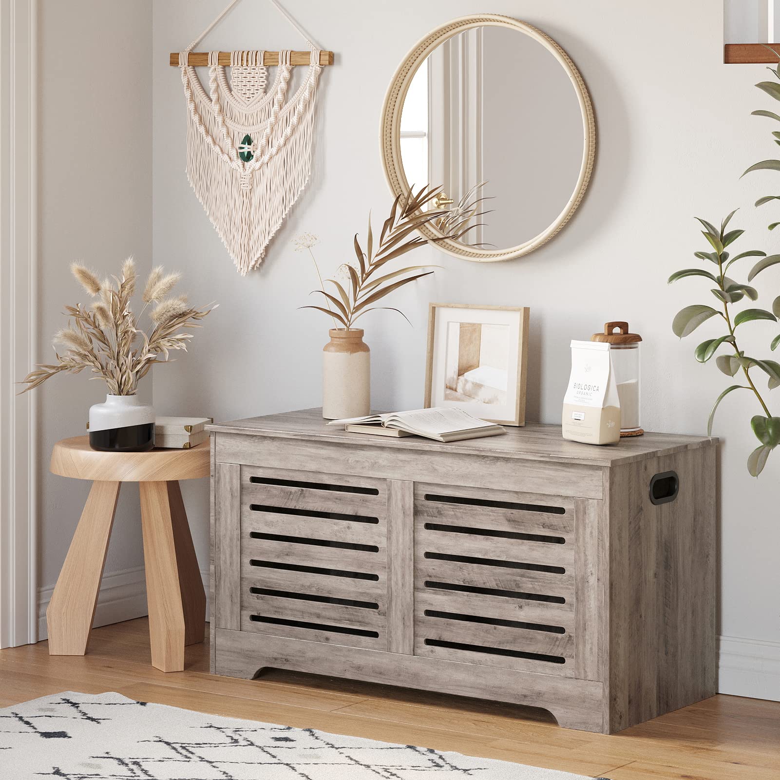 DINZI LVJ Wooden Storage Chest - Flip-Top Toy Box with Safety Hinges, Retro Entryway Shoe Bench, Large Sturdy Trunk for Living Room & Bedroom - Easy Assembly, Greige - Perfect for Kids' Room Organization & Entryway Storage