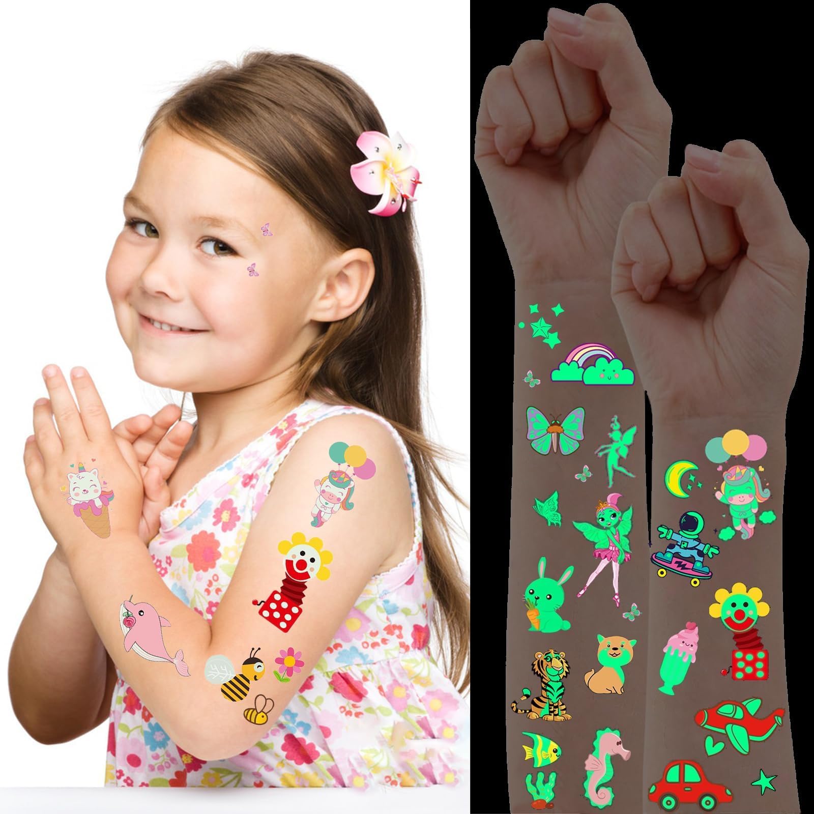 30 Sheets 380PCS Glow in the Dark Temporary Tattoos for Kids - Fun Face & Body Stickers for Boys & Girls Birthday Parties, Halloween, Christmas Decorations & Holiday Supplies - Perfect for Costumes, Events & DIY Makeup